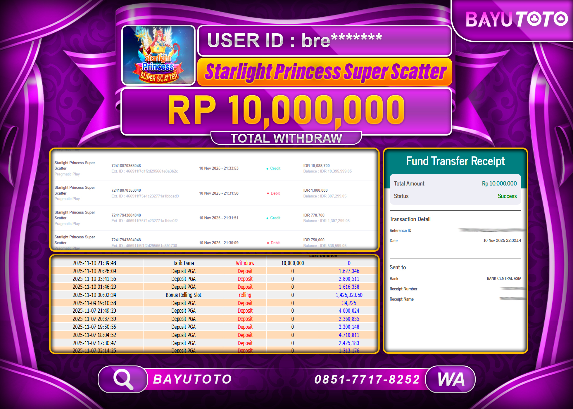 MEMBER BAYUTOTO JACKPOT DI STARLIGHT PRINCESS SUPER SCATTER Rp. 10,000,000 LUNAS