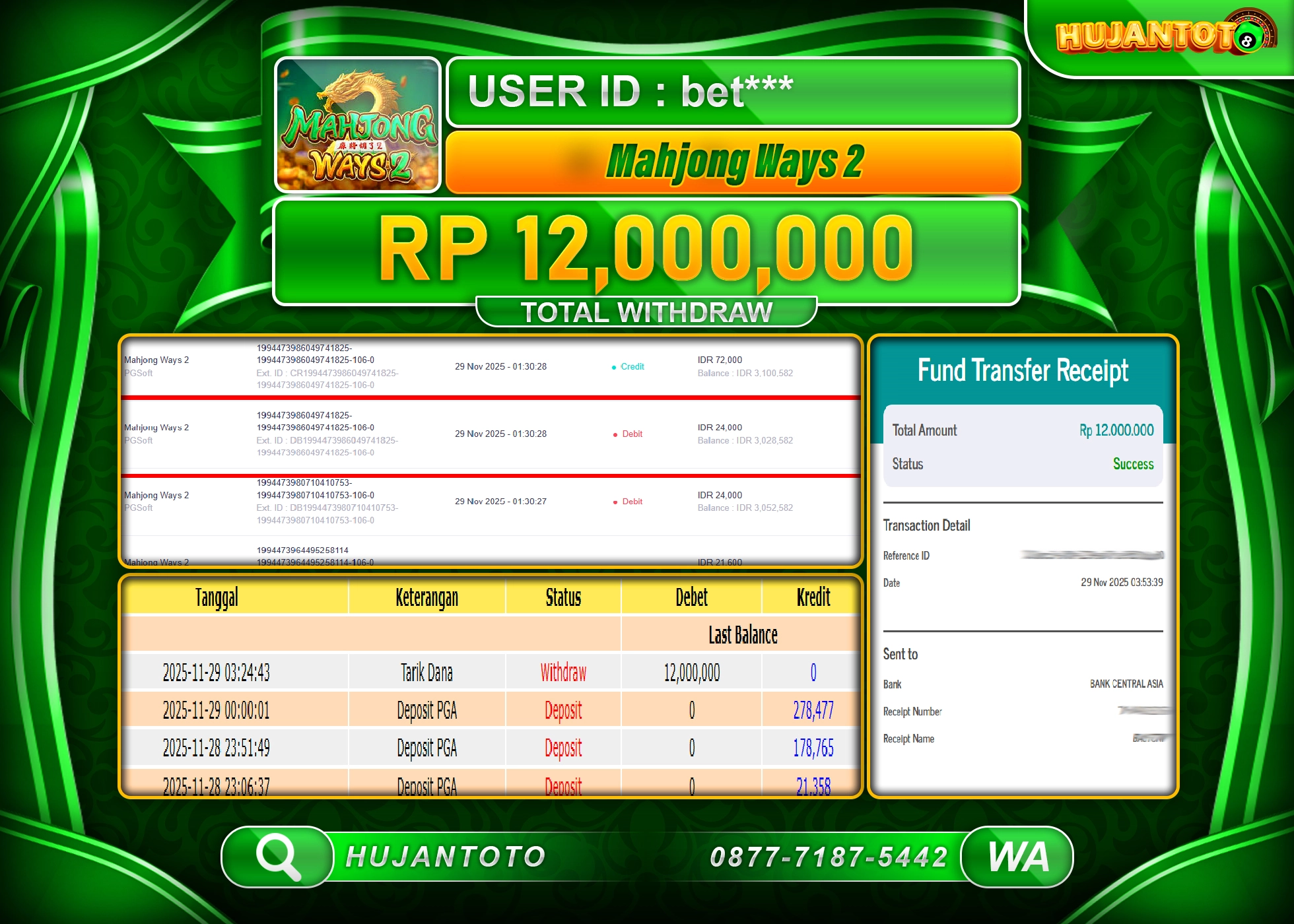 HUJANTOTO - BUKTI JACKPOT MENANG SLOT MAHJONG WAYS 2 Rp.12,000,000 - TERBAYAR LUNAS