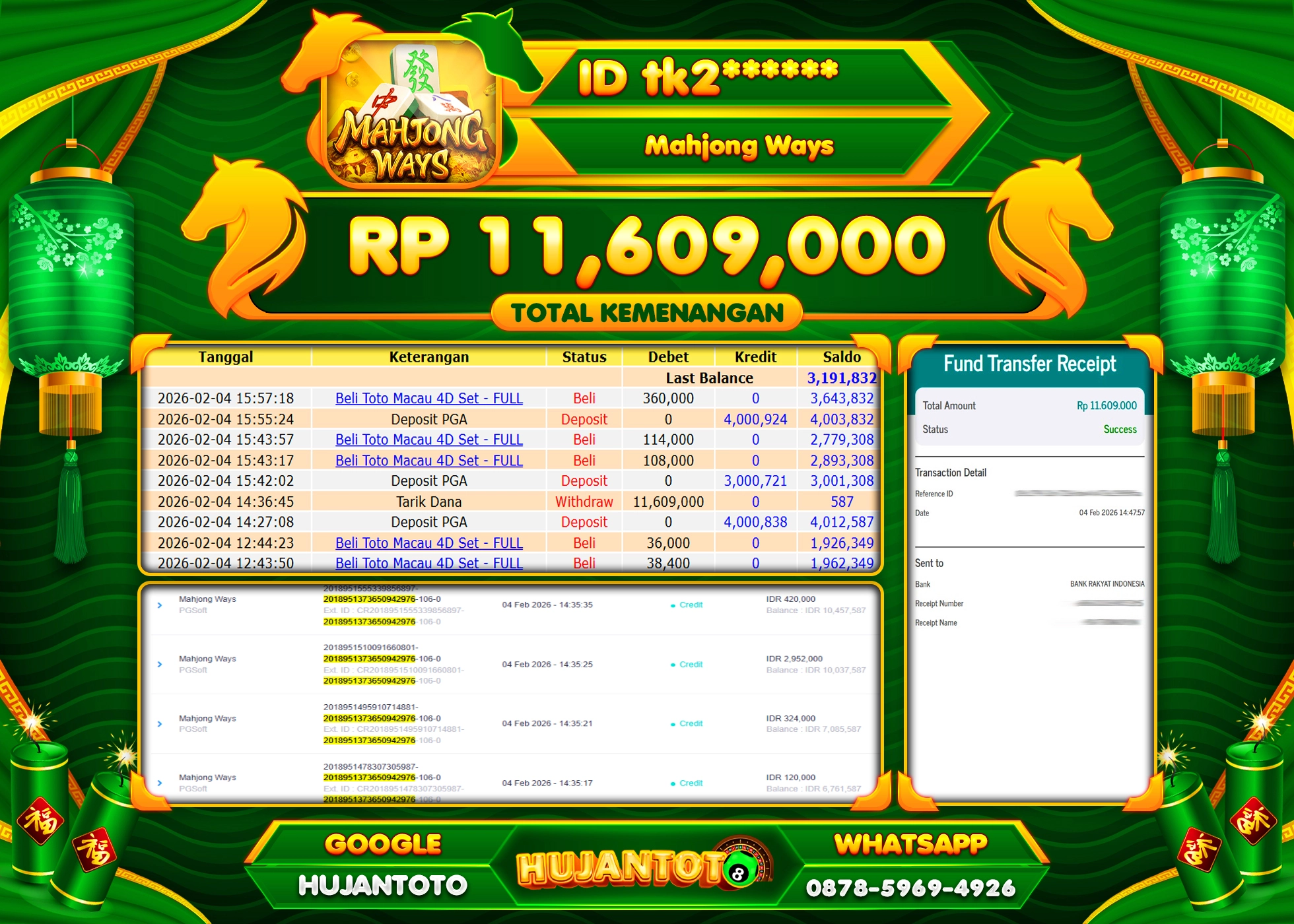 HUJANTOTO - BUKTI JACKPOT MENANG SLOT MAHJONG WAYS Rp.11,609,000 - TERBAYAR LUNAS
