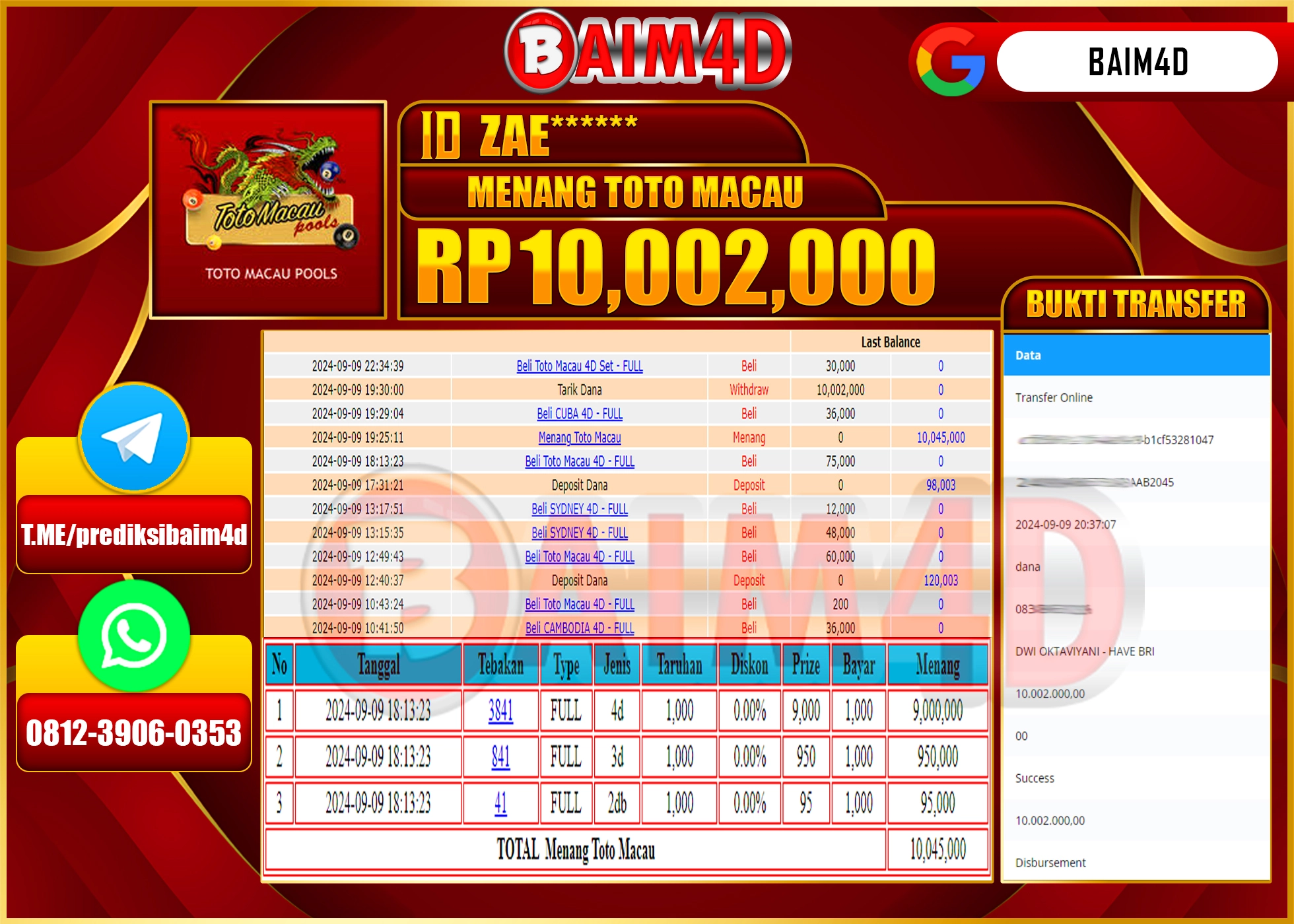 BAIM4D JACKPOT MENANG TOTO MACAU POOLS Rp.10.002,000.- LUNAS