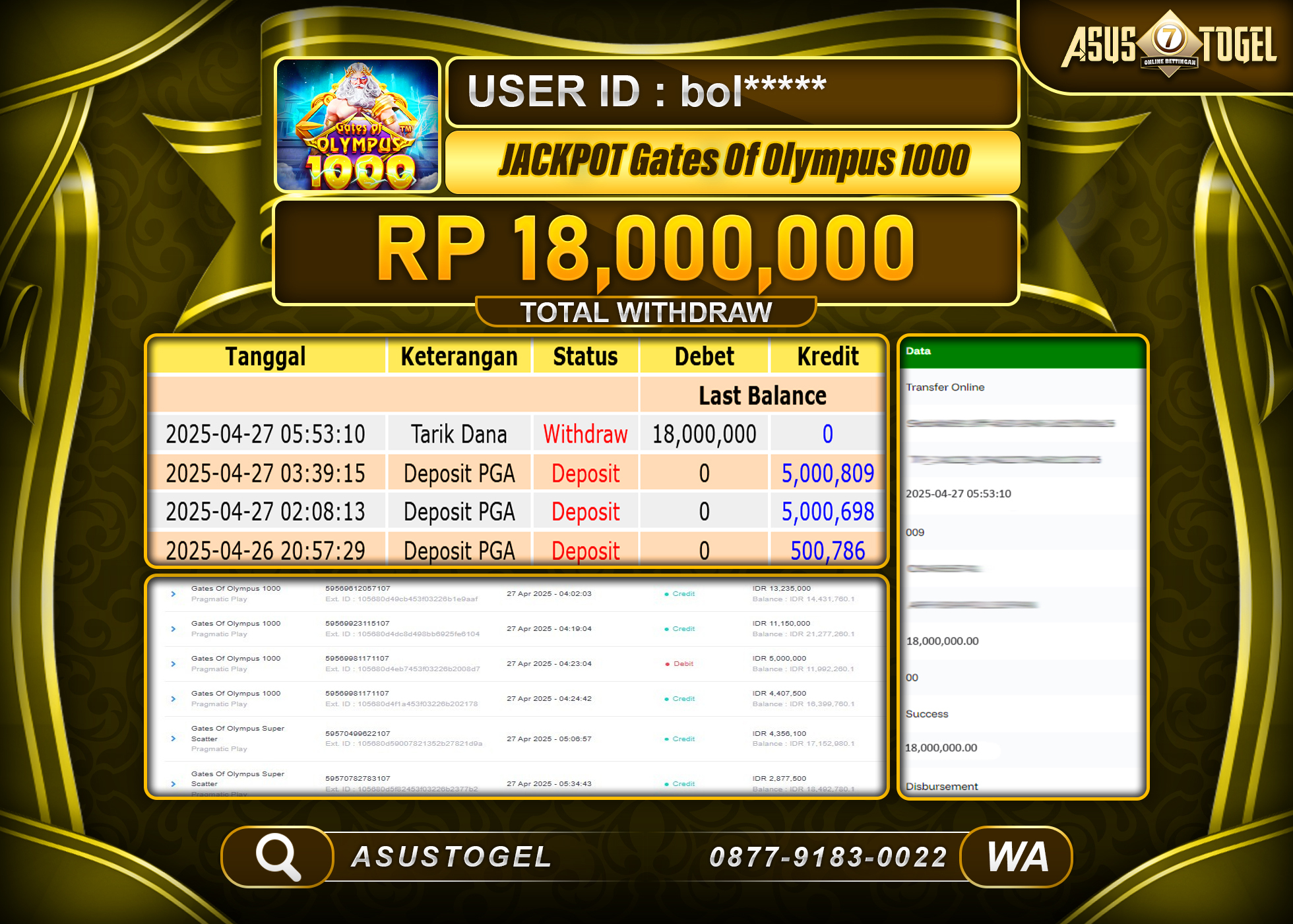 ASUSTOGEL KEMENANGAN DI SLOT GATE OF OLYMPUS 1000 SEBESAR 18,000,000- RUPIAH LUNAS