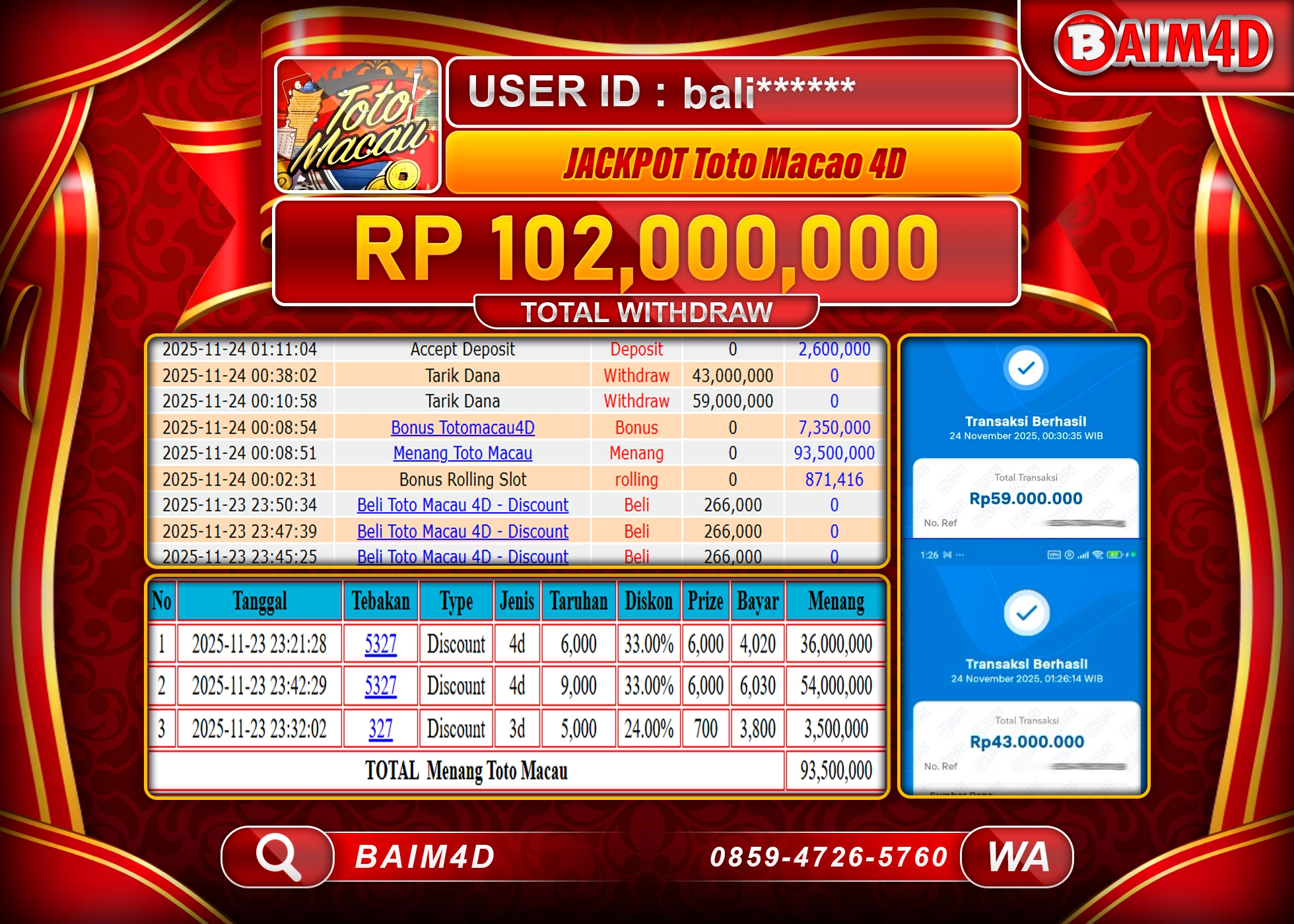BAIM4D JACKPOT TOGEL TOTO MACAU 4D GAMES Rp.102,000,000 - LUNAS