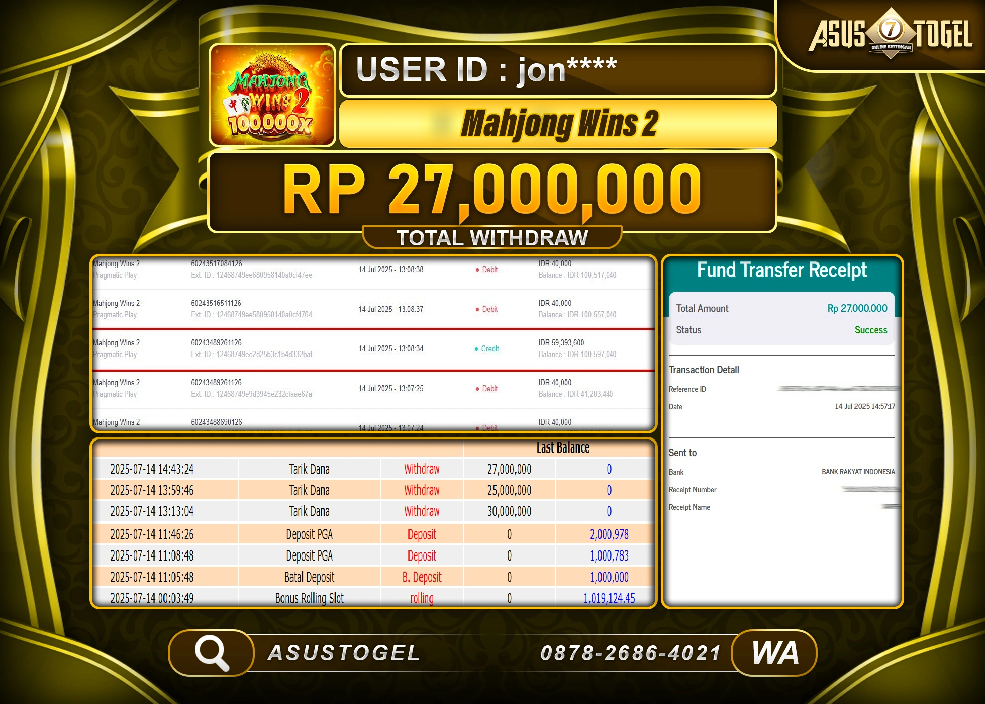 ASUSTOGEL KEMENANGAN DI SLOT MAHJONG WINS 2 SEBESAR 27,000,000- RUPIAH LUNAS