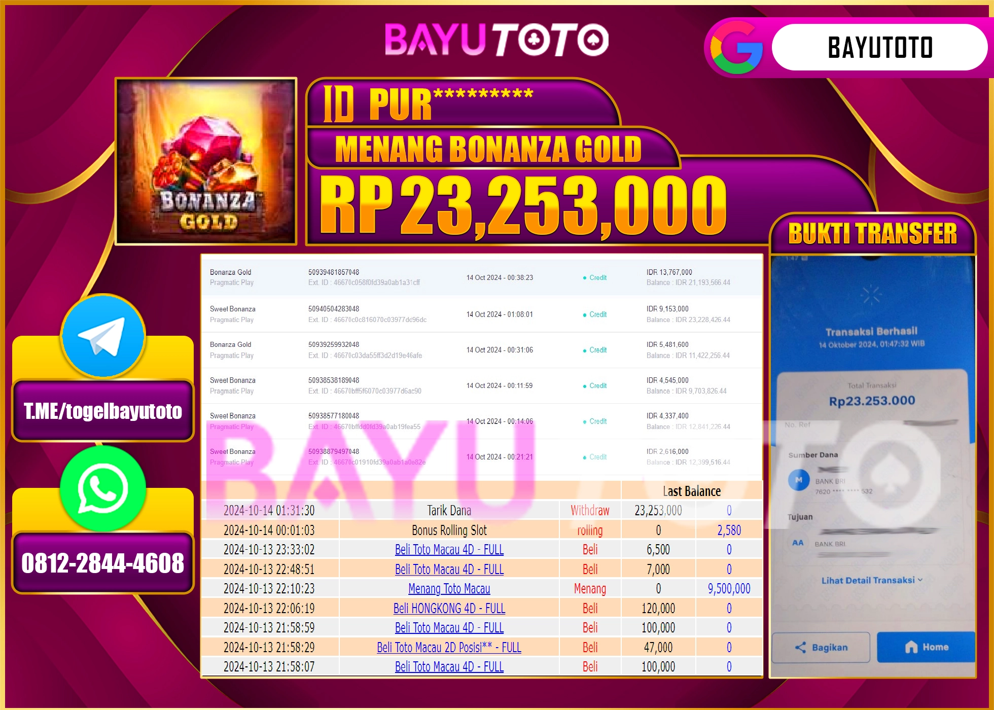 BAYUTOTO JACKPOT  MENANG SLOT GAME BONANZA GOLD Rp.23,253.000 LUNAS