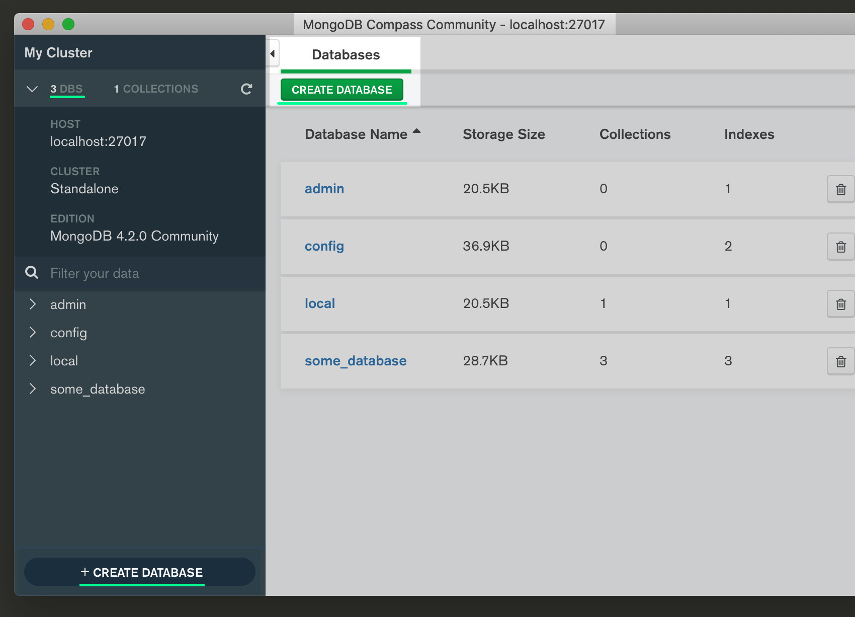 Screenshot of MongoDB Compass UI creating a database