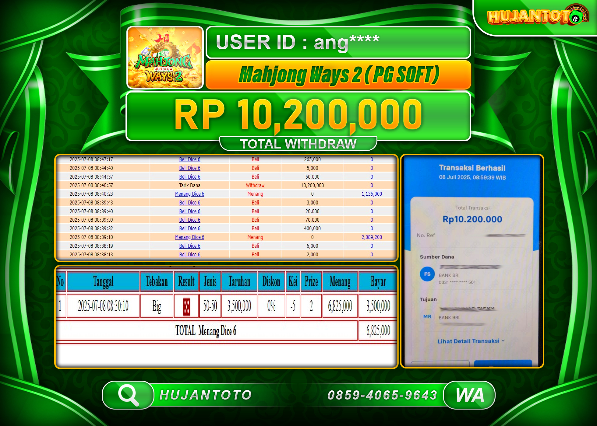 HUJANTOTO - BUKTI JACKPOT MENANG BESAR DI SLOT MAHJONG WAYS 2 Rp.10,200,000 - TERBAYAR LUNAS