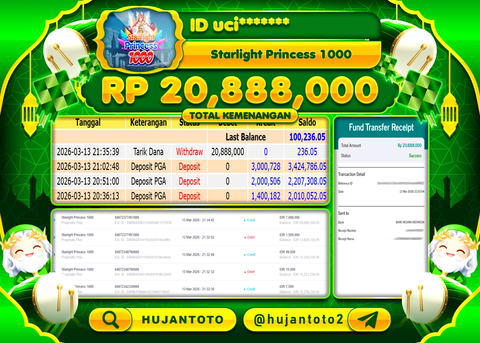 HUJANTOTO - BUKTI JACKPOT MENANG SLOT STARLIGHT PRINCESS 1000 Rp.20,888,000 - TERBAYAR LUNAS
