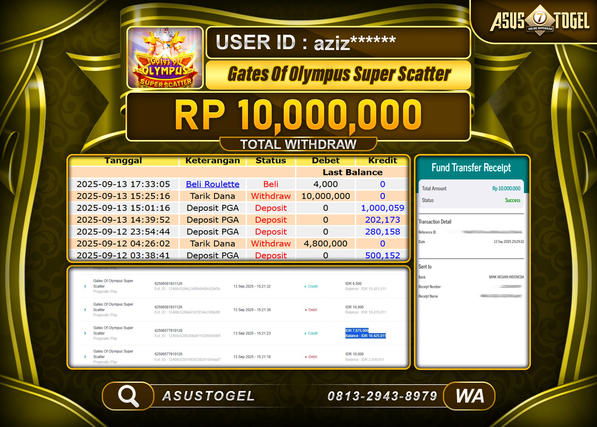 SUSTOGEL KEMENANGAN DI SLOT GATES OF OLYMPUS SUPER SCATTER SEBESAR 10,000,000- RUPIAH LUNAS