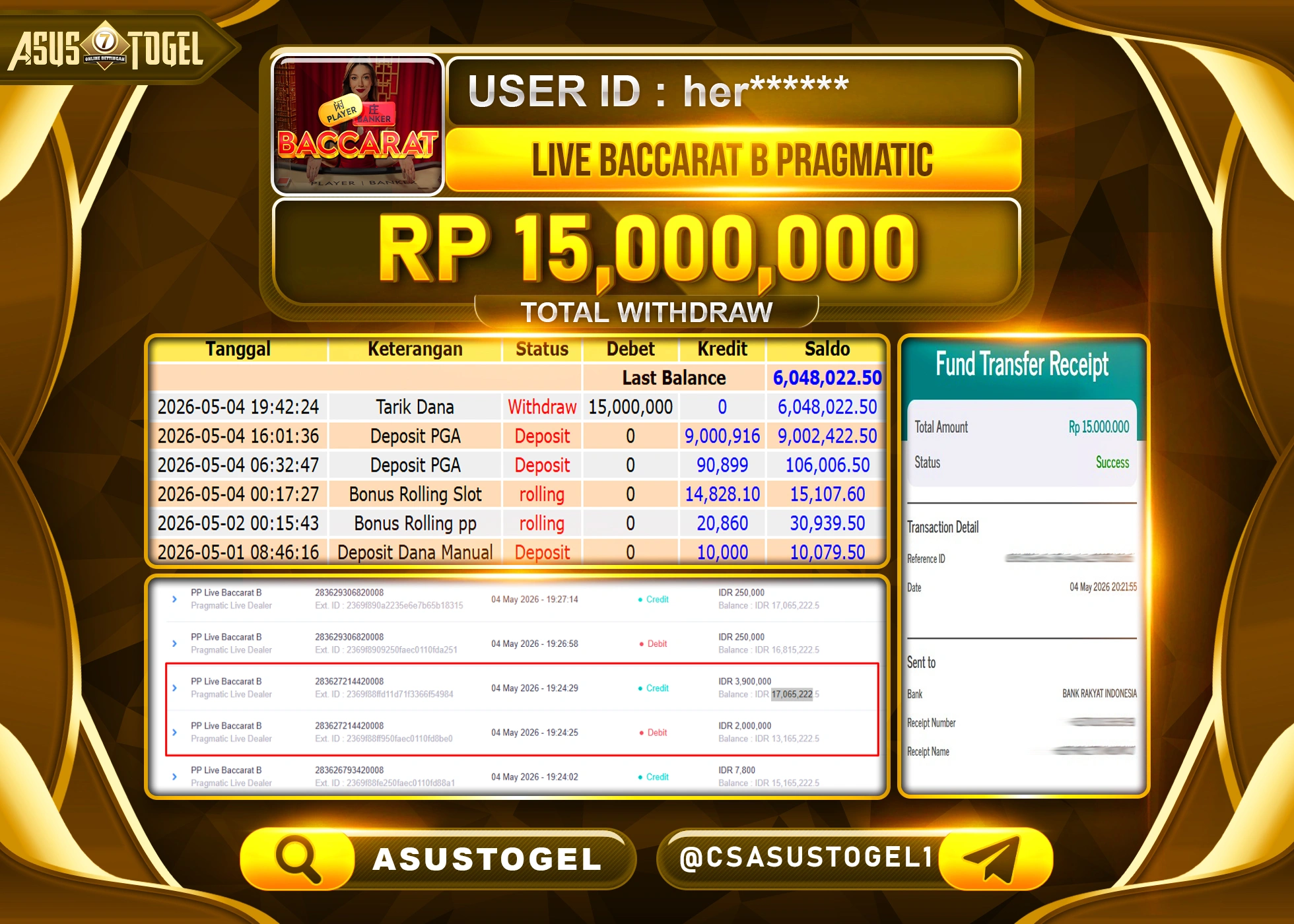 ASUSTOGEL KEMENANGAN JACKPOT DI PERMAINAN LIVE BACCARAT B SEBESAR Rp.15,000,000 - RUPIAH LUNAS