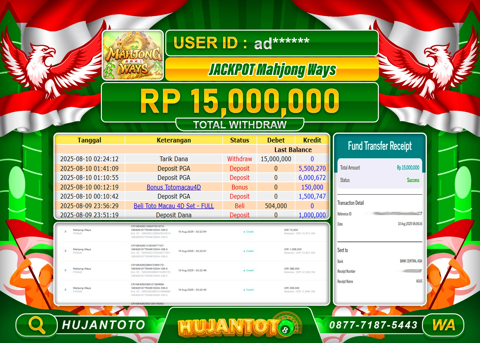 HUJANTOTO - BUKTI JACKPOT MENANG SLOT MAHJONG WAYS Rp.15,000,000 - TERBAYAR LUNAS