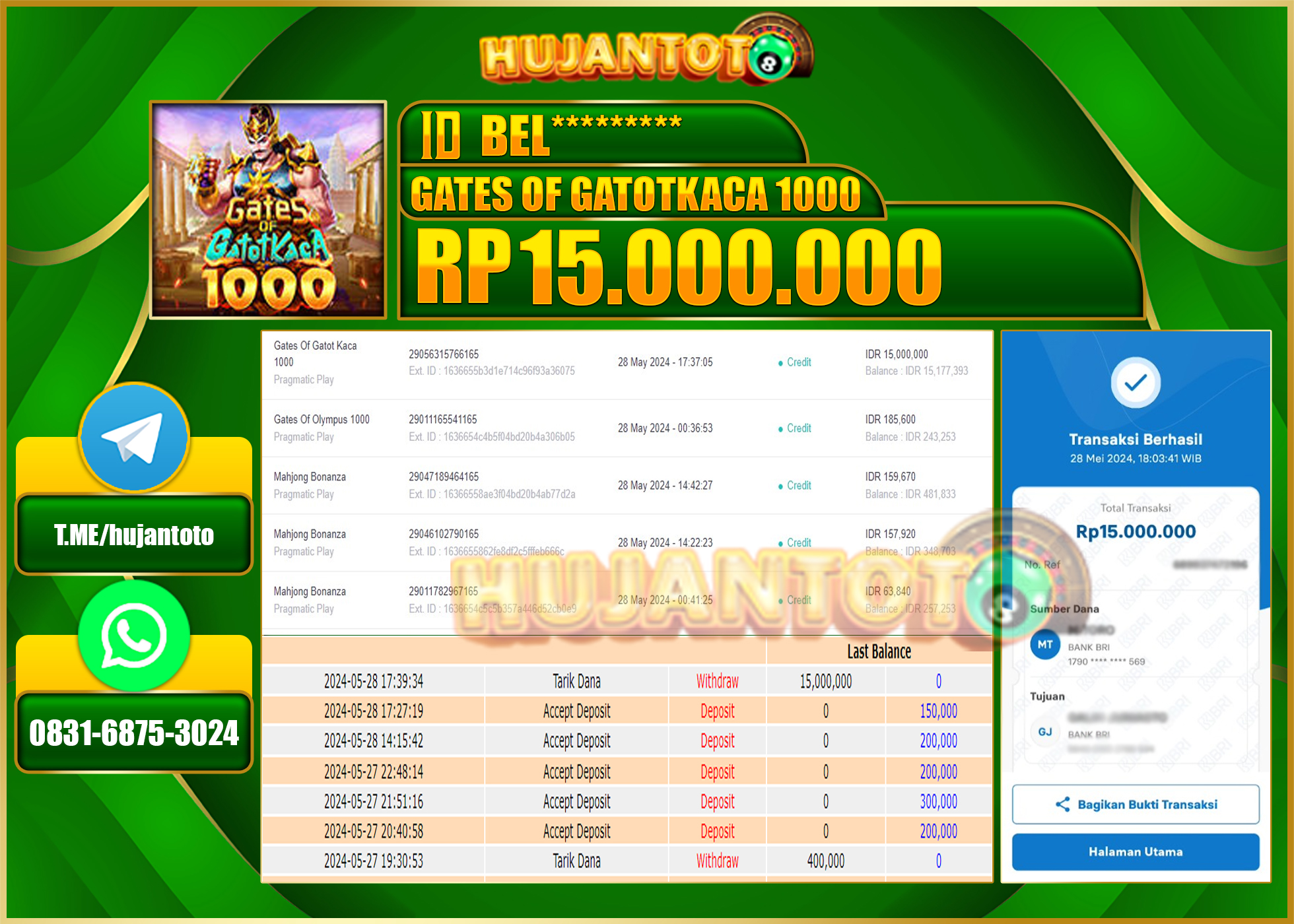 HUJANTOTO MENANG SLOT Gates Of Gatot Kaca 1000, 15,000,000 - LUNAS 