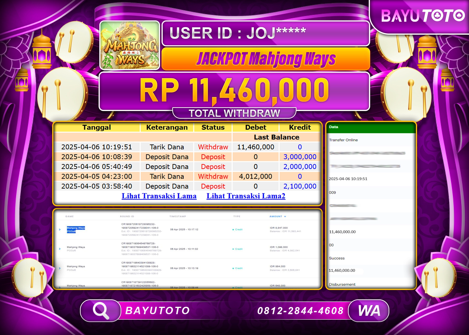 BAYUTOTO JACKPOT  DI SLOT MAHJONG WAYS  PG SOFT Rp.11.460.000 LUNAS