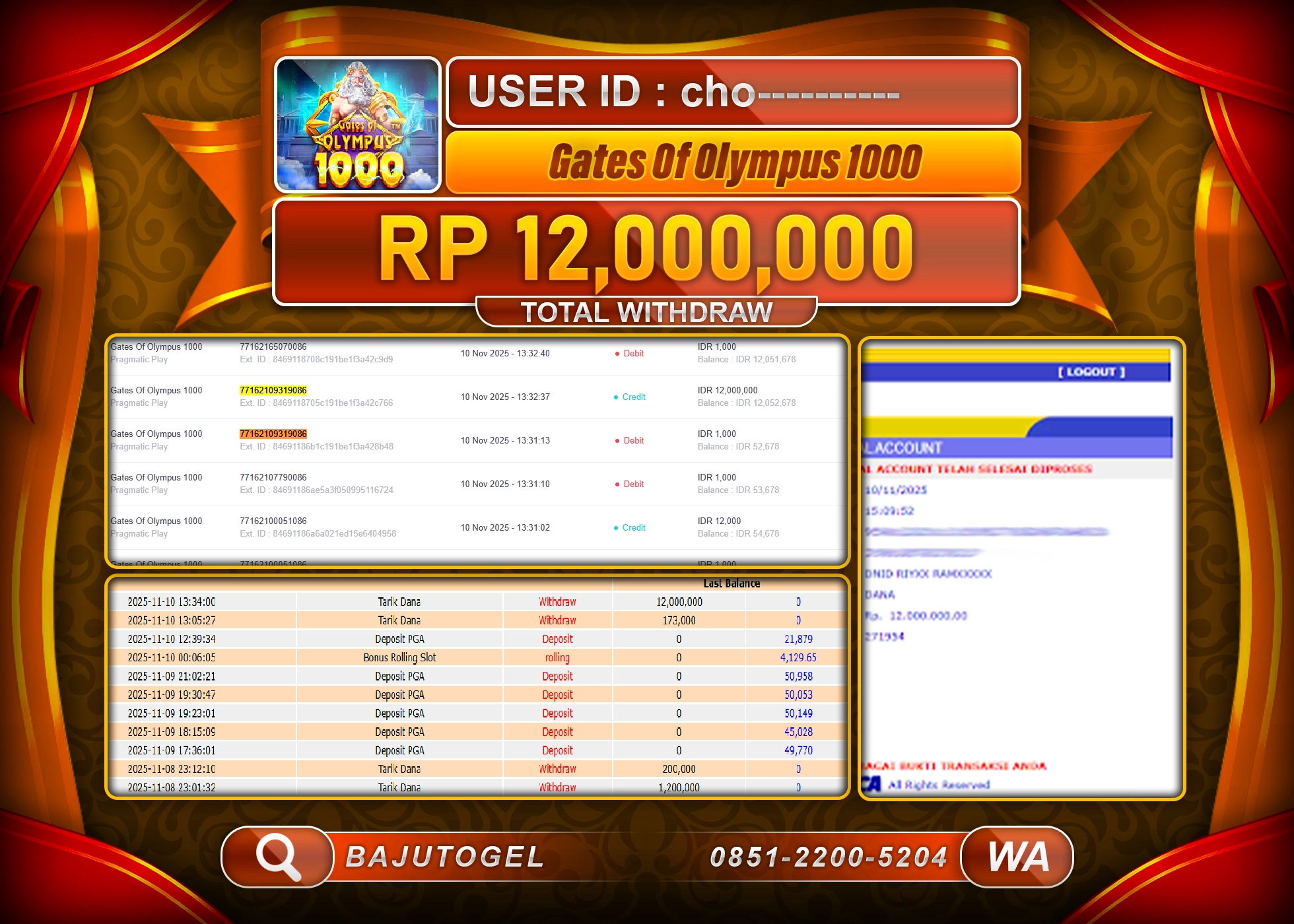 BAJUTOGEL KEMENANGAN GATES OF OLYMPUS 1000 Rp.12,000,000 LUNAS