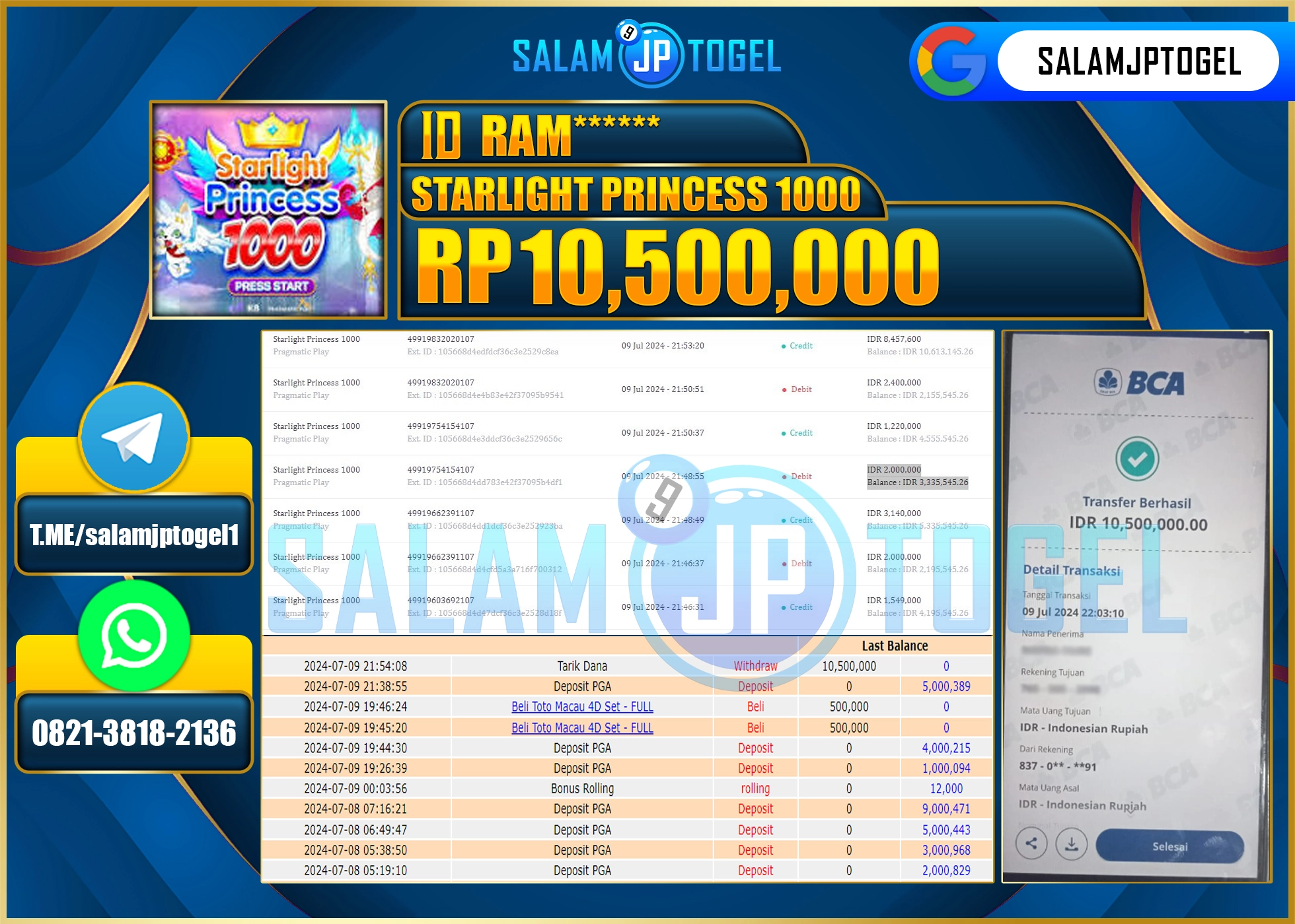 SALAMJPTOGEL MENANG Starlight Princess 1000 RP. 10,500,000.,LUNAS