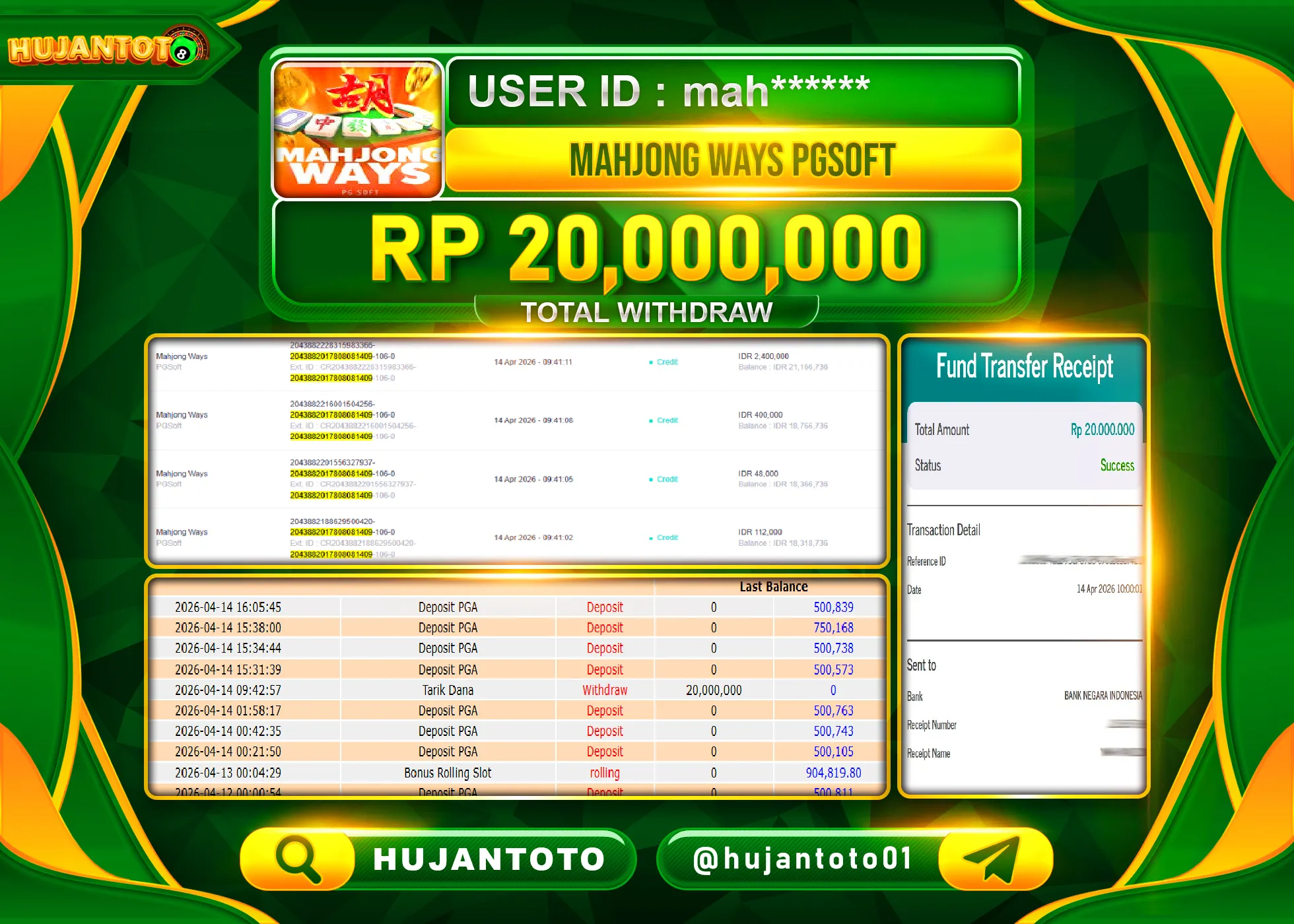 HUJANTOTO - BUKTI JACKPOT MENANG SLOT MAHJONG WAYS Rp.20,000,000 - TERBAYAR LUNAS