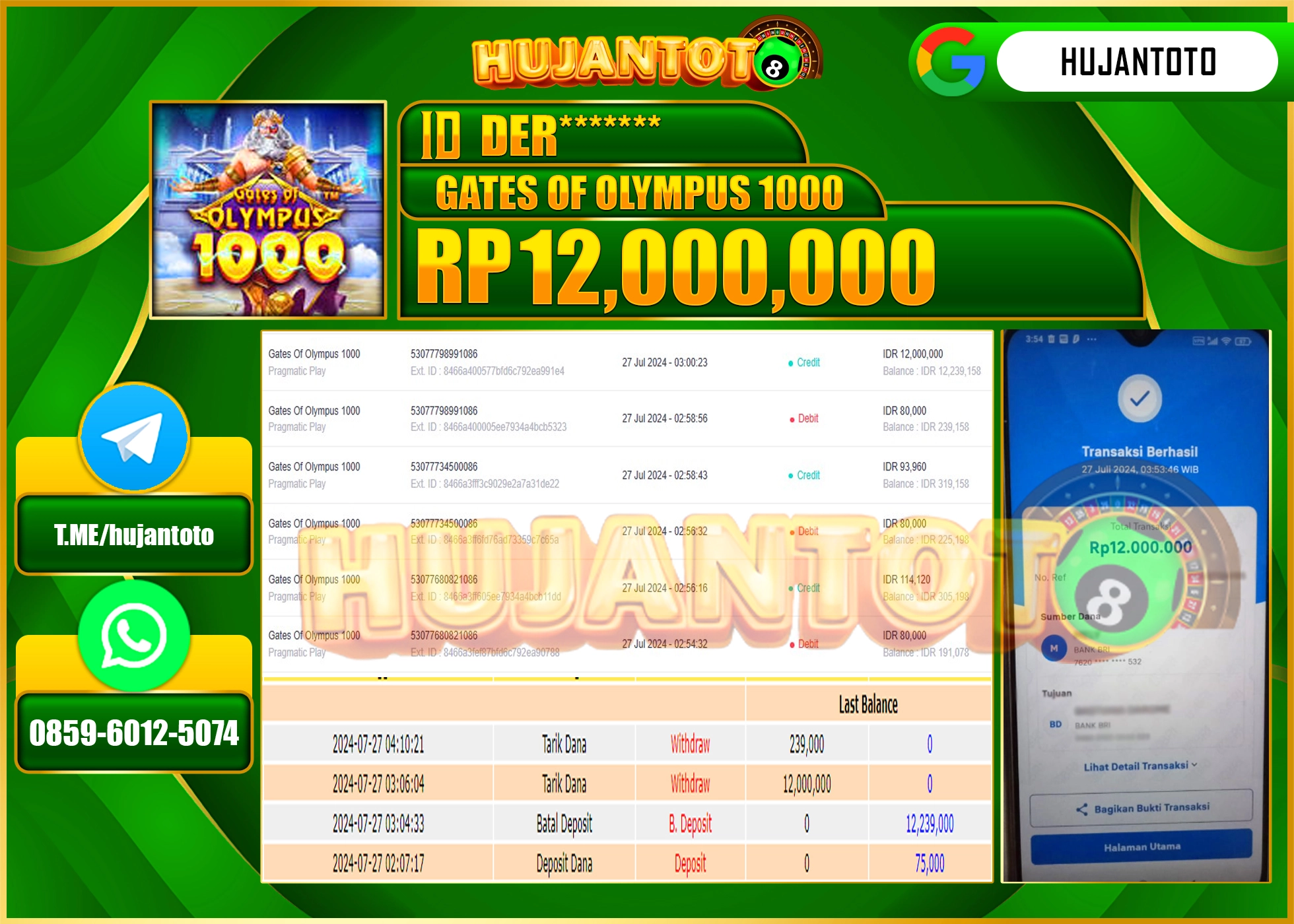 HUJANTOTO MENANG SLOT Gates Of Olympus 1000 (Pragmatic Play)  12.000.000 - LUNAS 