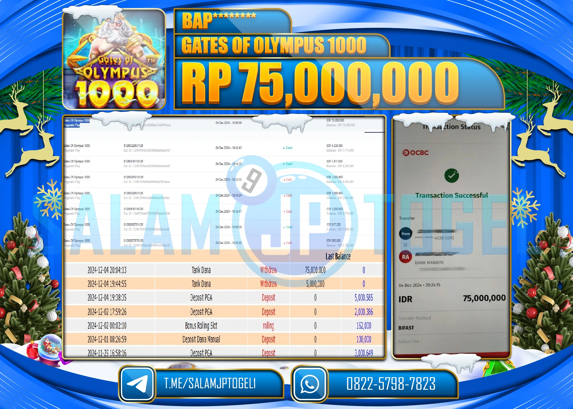 SALAMJPTOGEL MENANG SLOT GATES OF OLYMPUS 1000 RP. 75,000,000 LUNAS