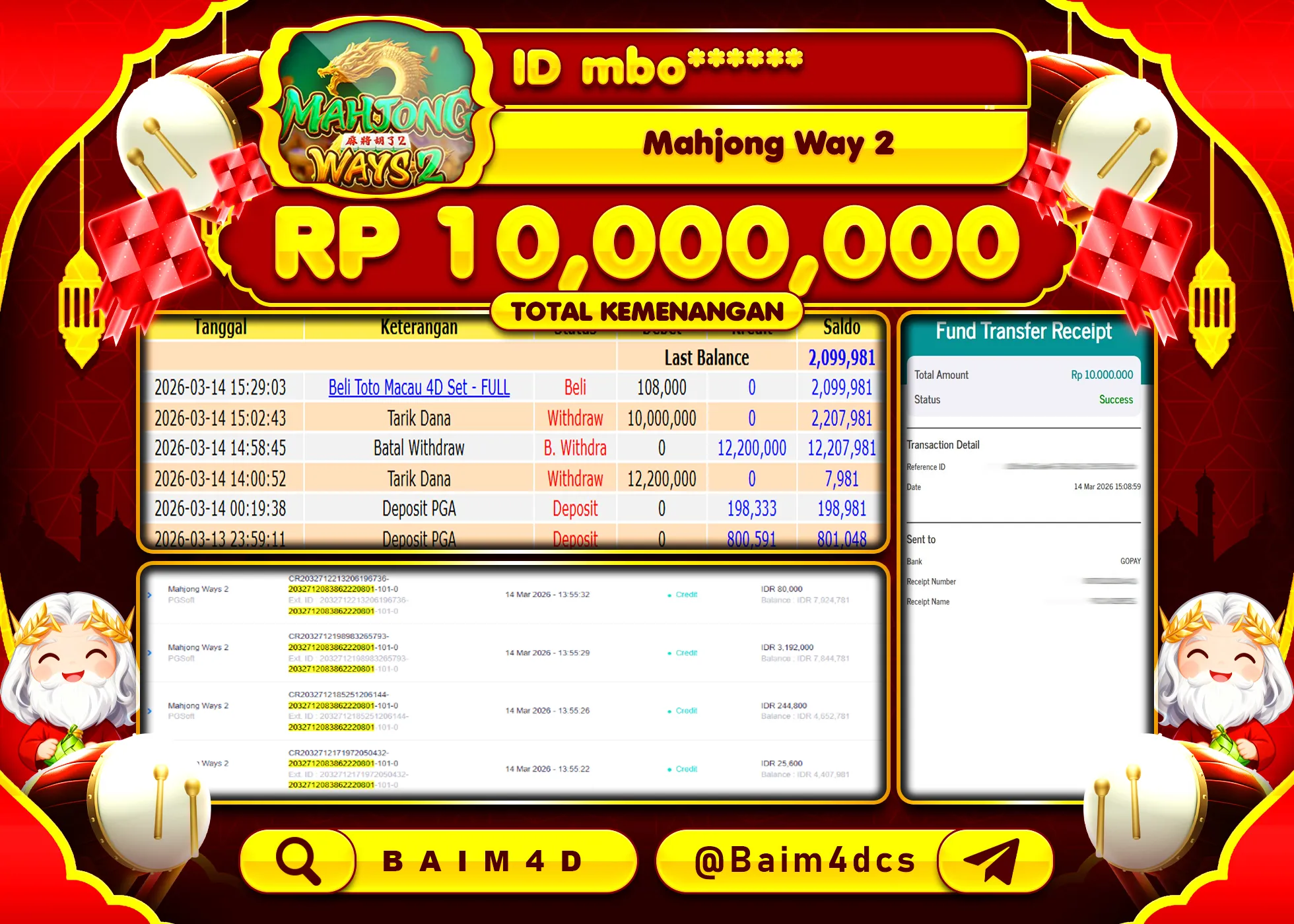BAIM4D JACKPOT  MAHJONG WAYS 2  Rp.10,000,000 - LUNAS