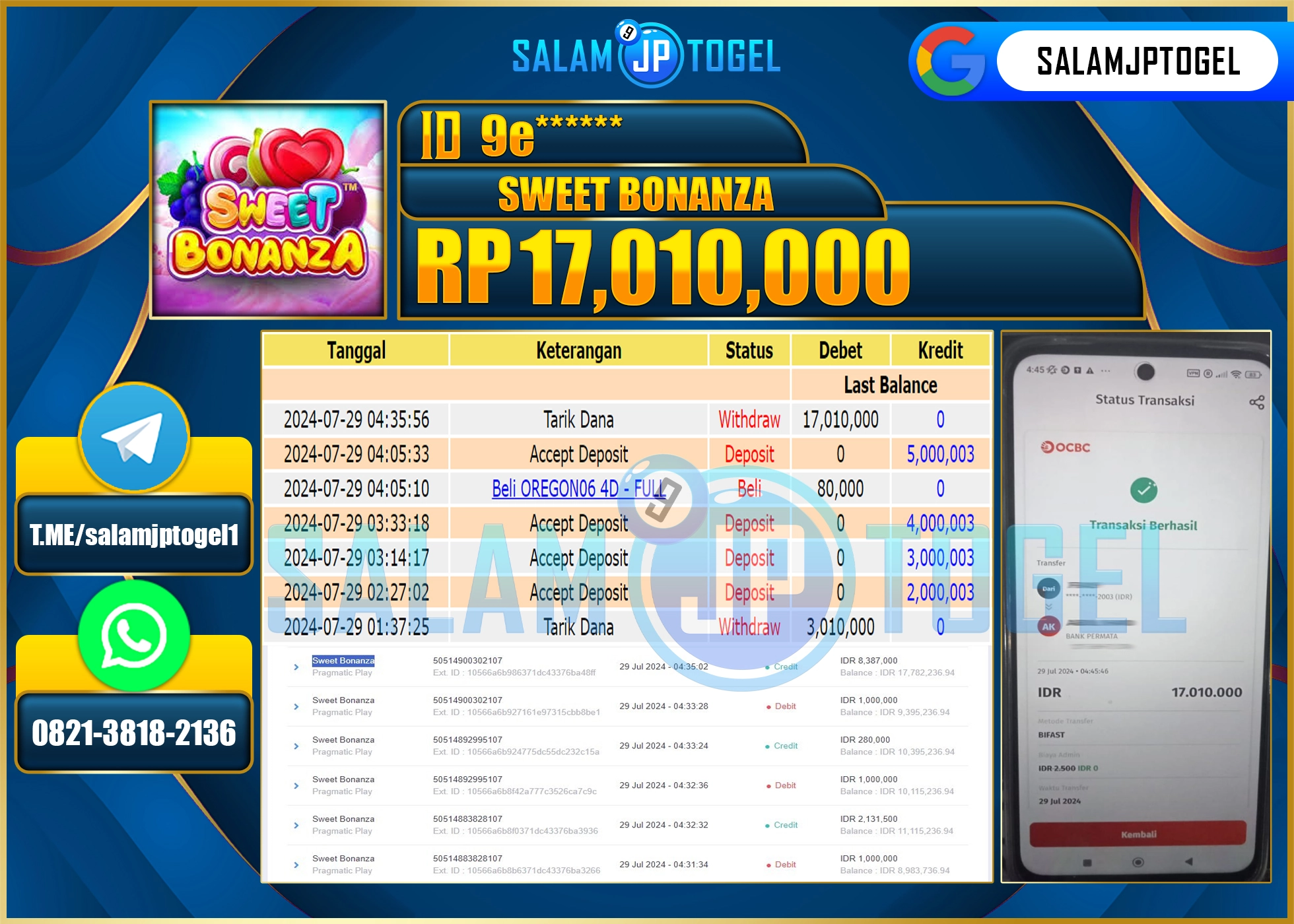 SALAMJPTOGEL MENANG SLOT SWEET BONANZA RP. 17,010,000.,LUNAS
