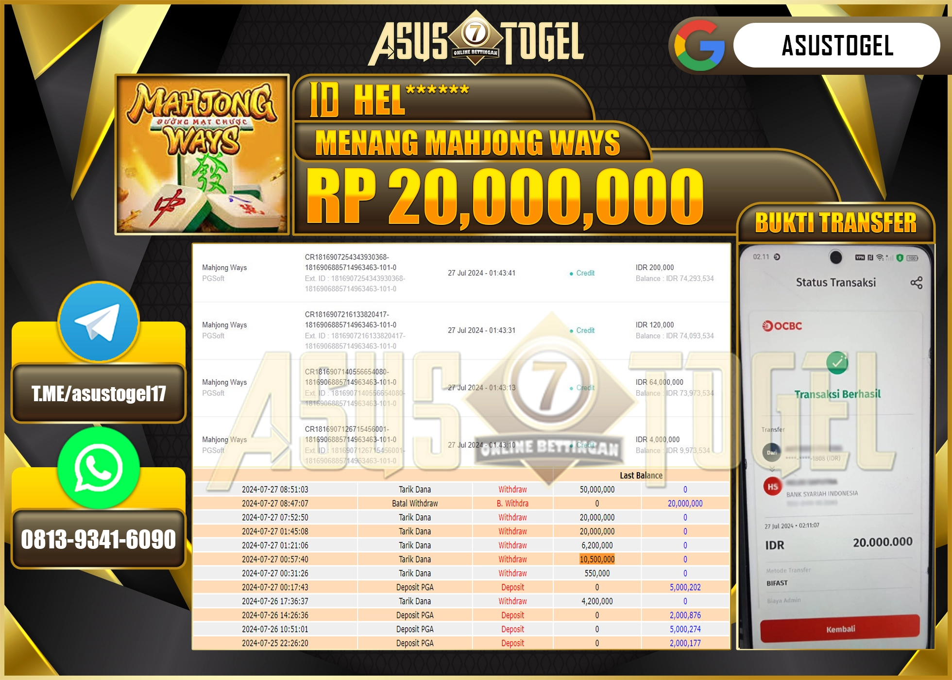 ASUSTOGEL KEMENANGAN DI PGSOFT MAHJONG WAYS SEBESAR 20,000,000- RUPIAH LUNAS