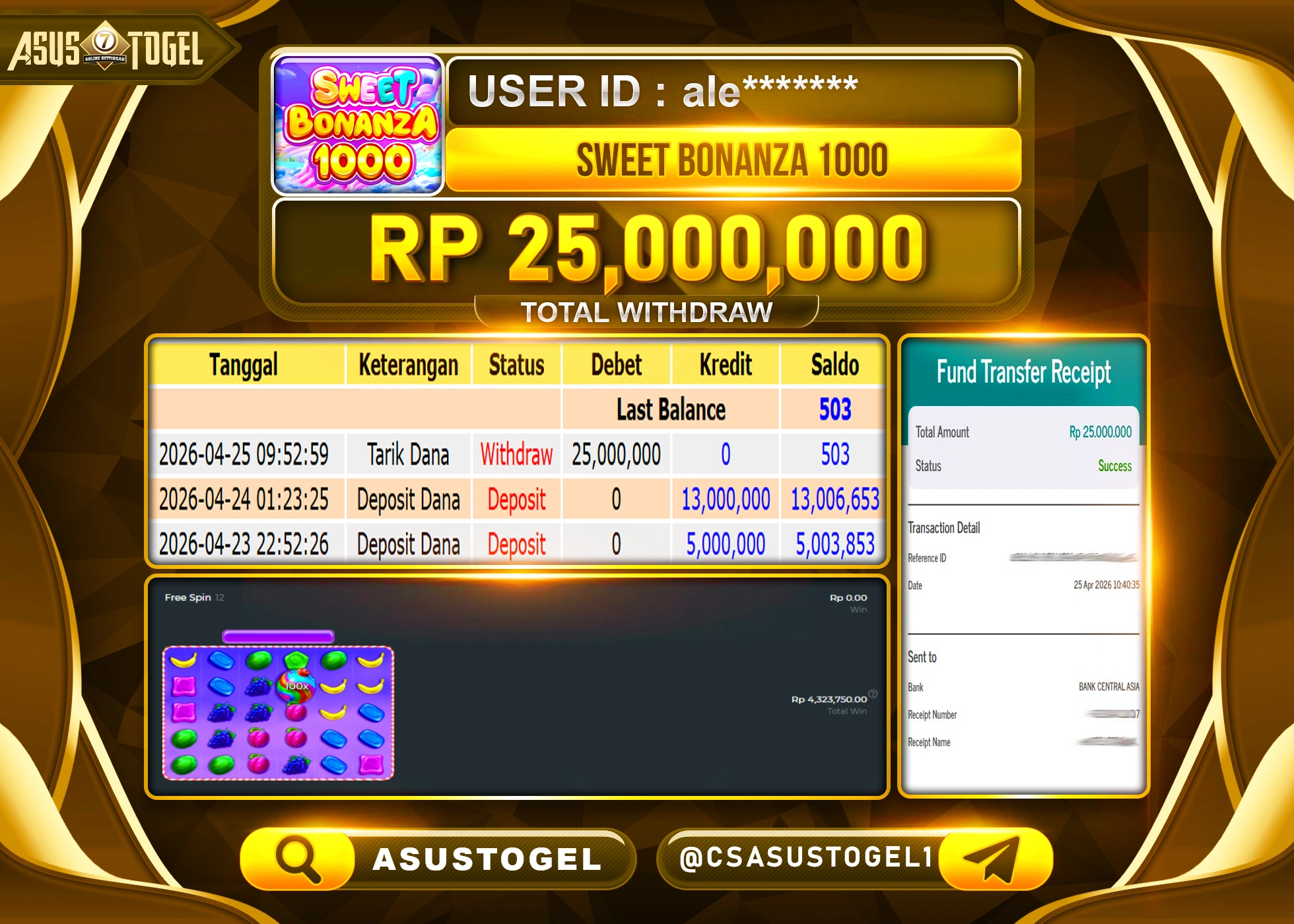 ASUSTOGEL KEMENANGAN JACKPOT DI PERMAINAN SWEET BONAZA 1000 SEBESAR Rp.25,000,000 - RUPIAH LUNAS