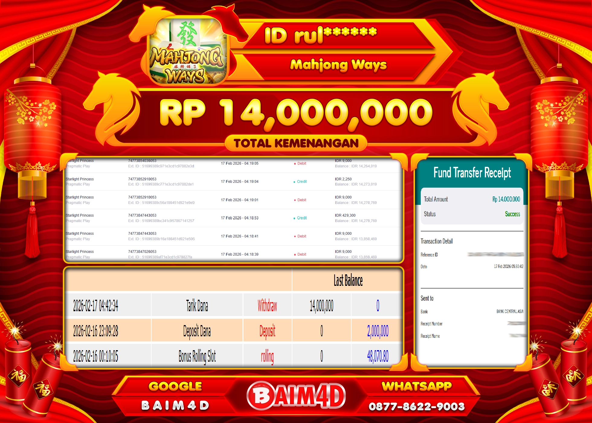 BAIM4D JACKPOT SLOT MAHJONG WAYS PG SOFT Rp.14,000,000 - LUNAS