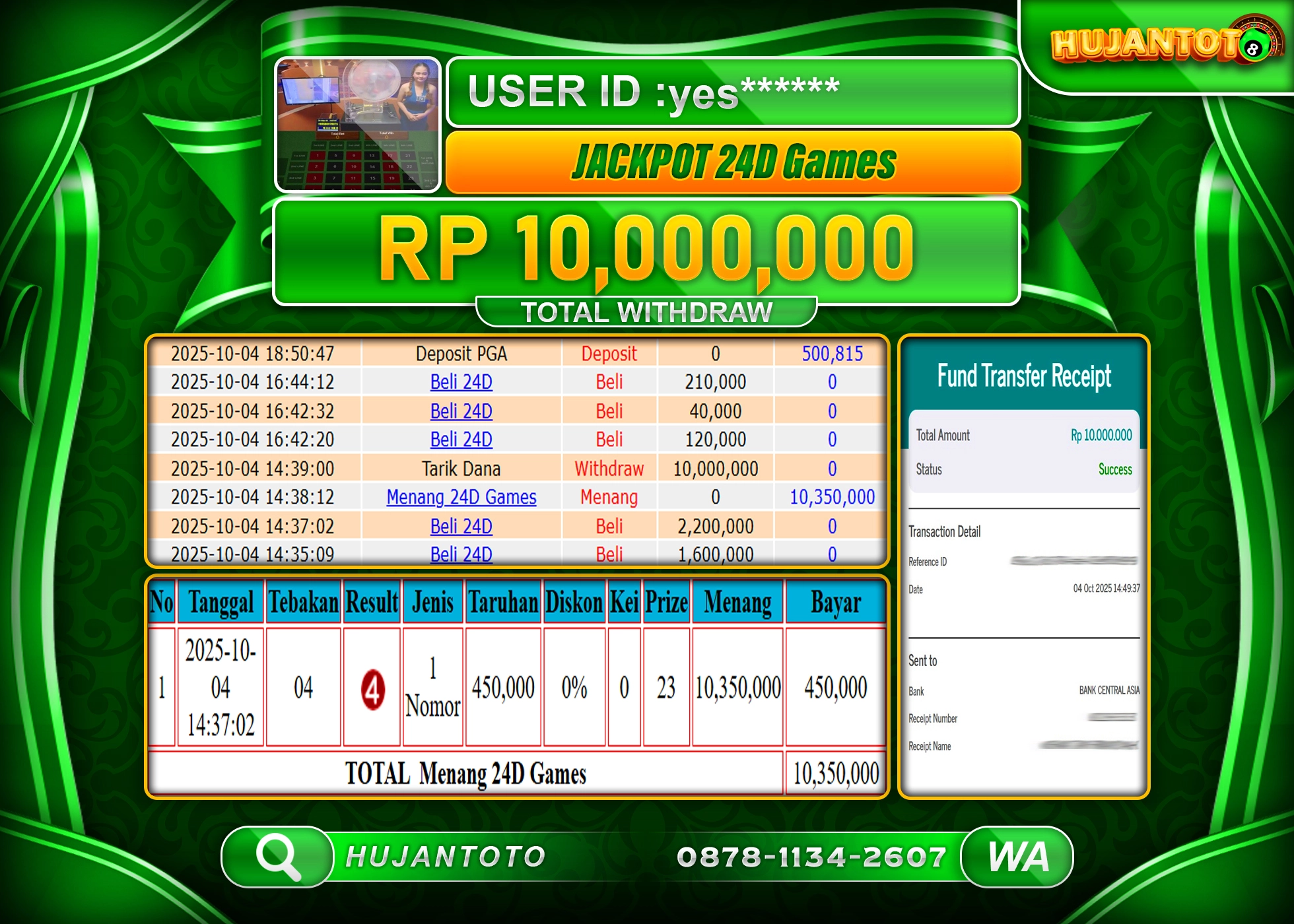 HUJANTOTO - BUKTI JACKPOT MENANG LIVEGAMES 24D GAMES Rp.10,000,000 - TERBAYAR LUNAS