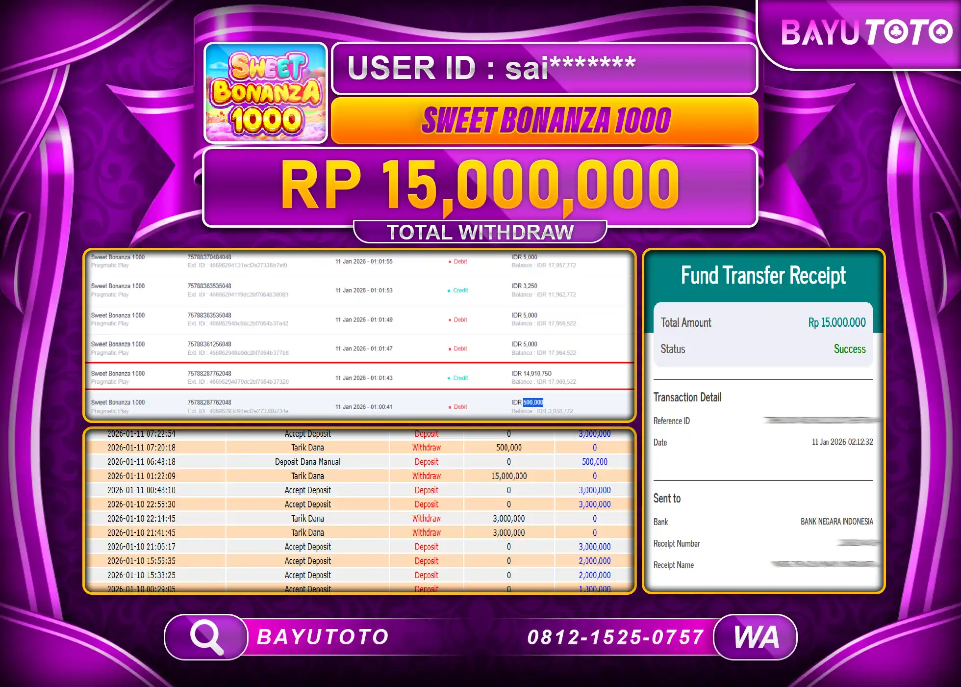 SELAMAT MEMBER SETIA BAYUTOTO JACKPOT SLOT  SWEET BONANZA 1000  Rp. 15,000,000 LUNAS