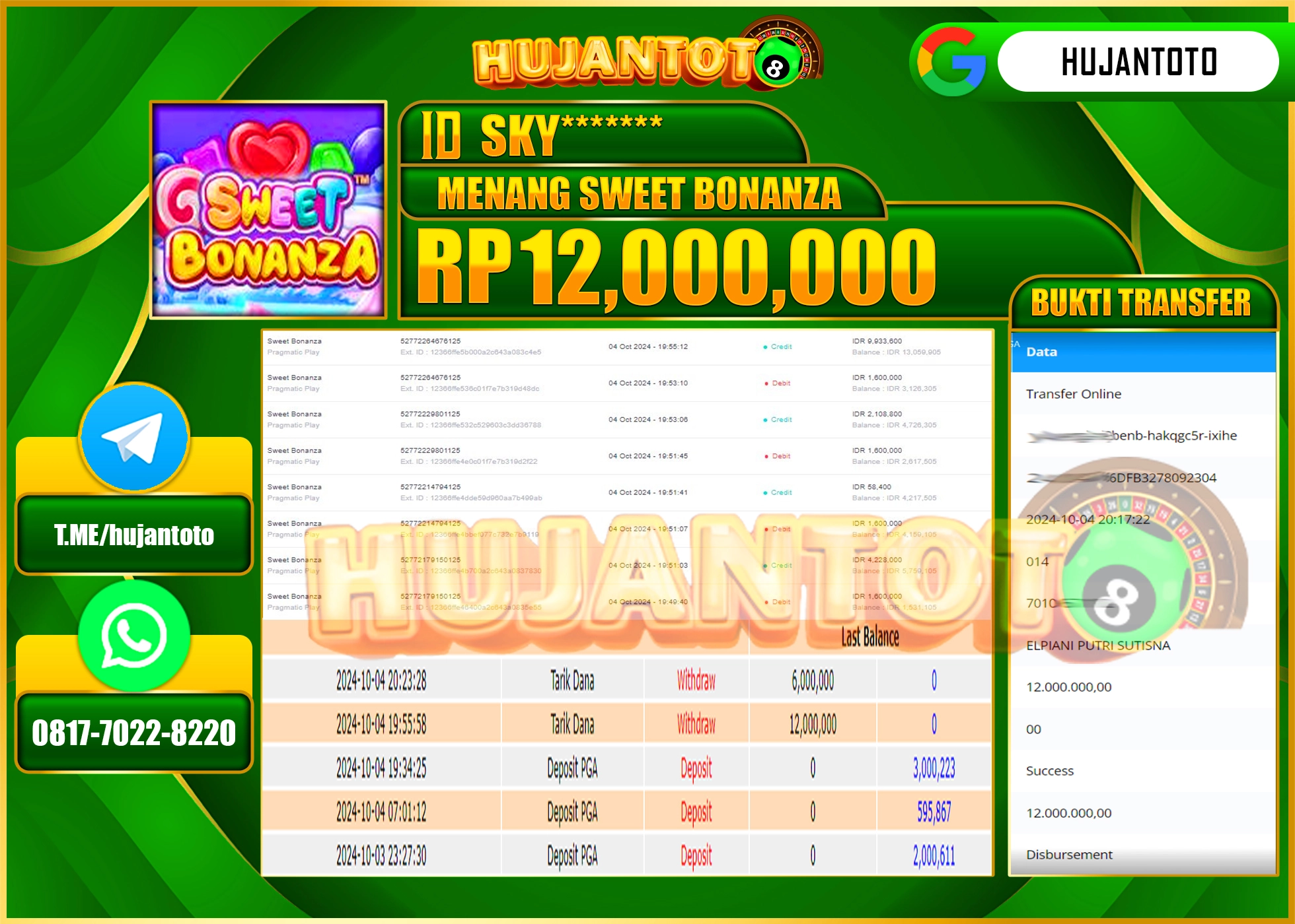 HUJANTOTO MENANG BESAR DI PERMAINAN SLOT SWEET BONANZA  - 12.000,000 - LUNAS 