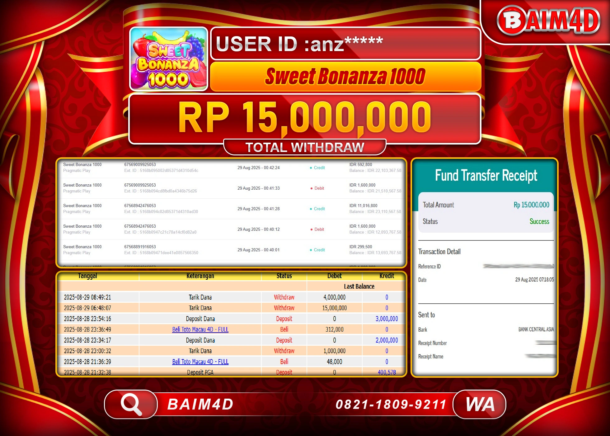 BAIM4D JACKPOT SLOT SWEET BONANZA 1000 Rp.15,000,000.- LUNAS