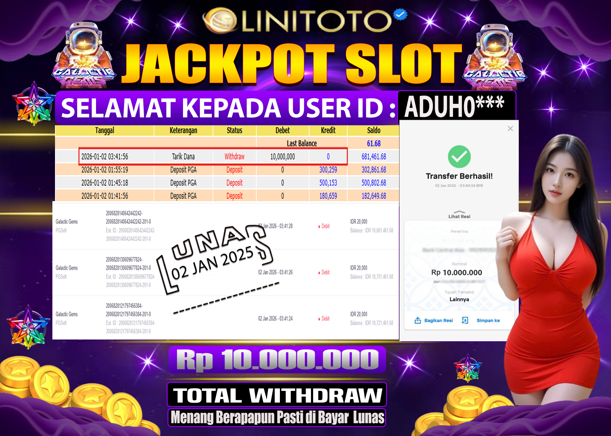 LINITOTO JACKPOT SLOT Galactic Gems Rp.10,000,000 - LUNAS