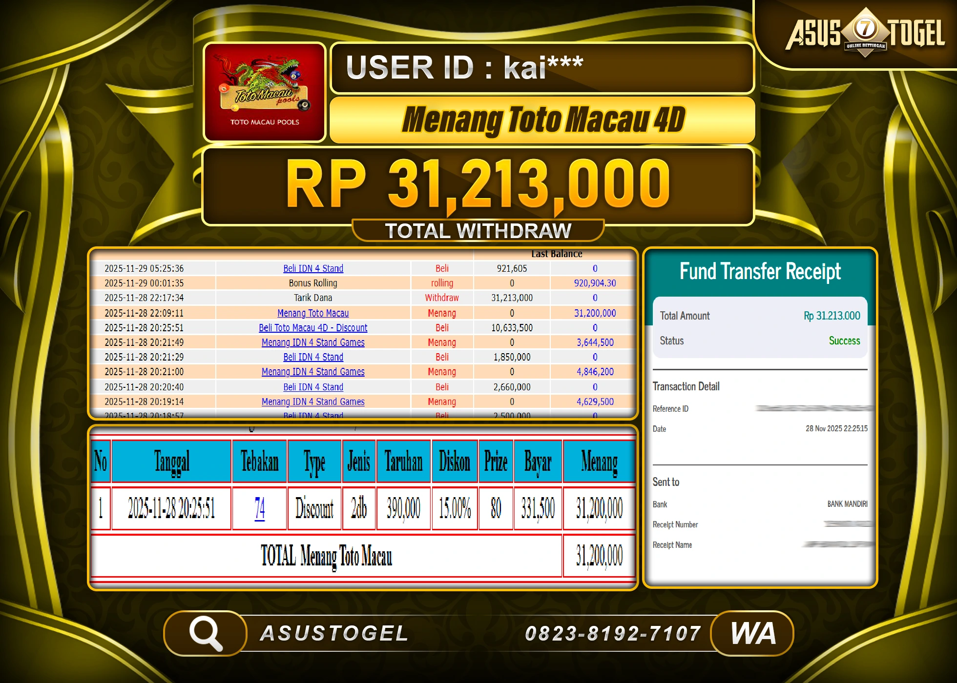 ASUSTOGEL KEMENANGAN DI TOGEL TOTO MACAU 4D SEBESAR 31,213,000 - RUPIAH LUNAS