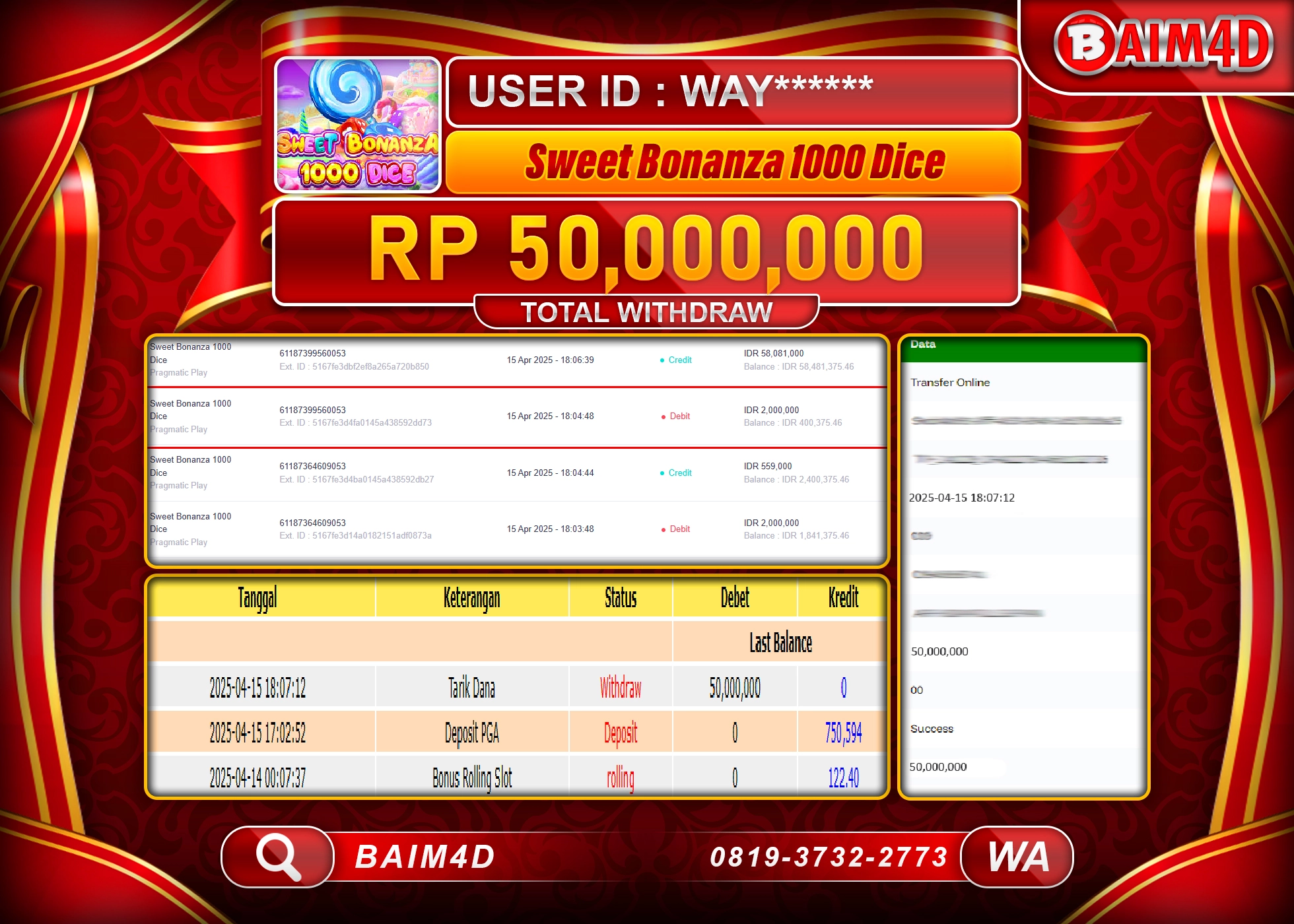 BAIM4D MENANG  SWEET BONANZA DICE  1000  Rp.50.000,000.- LUNAS