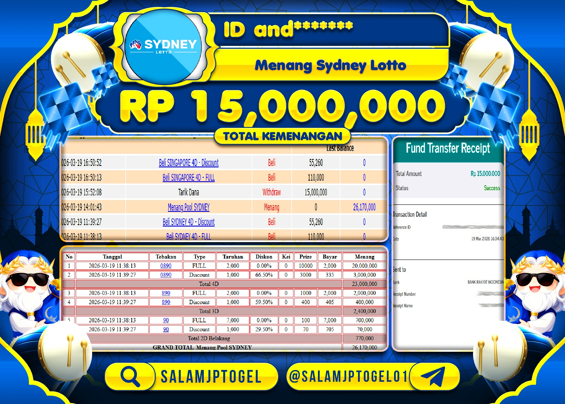 SALAMJPTOGEL MENANG  JACKPOT TOGEL SYDNEY LOTTO Rp.15,000,000 - LUNAS