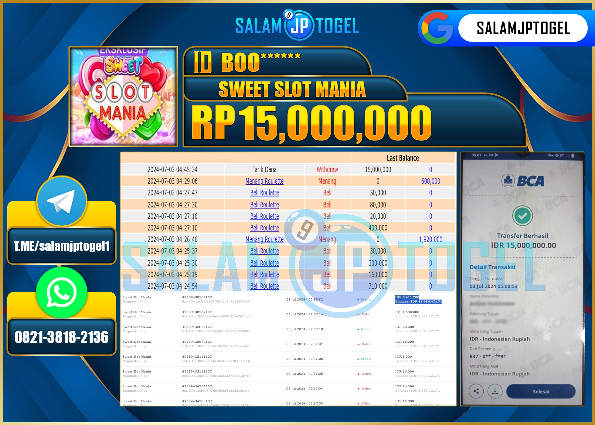 SALAMJPTOGEL MENANG SWEET SLOT MANIA RP. 15,000,000., LUNAS