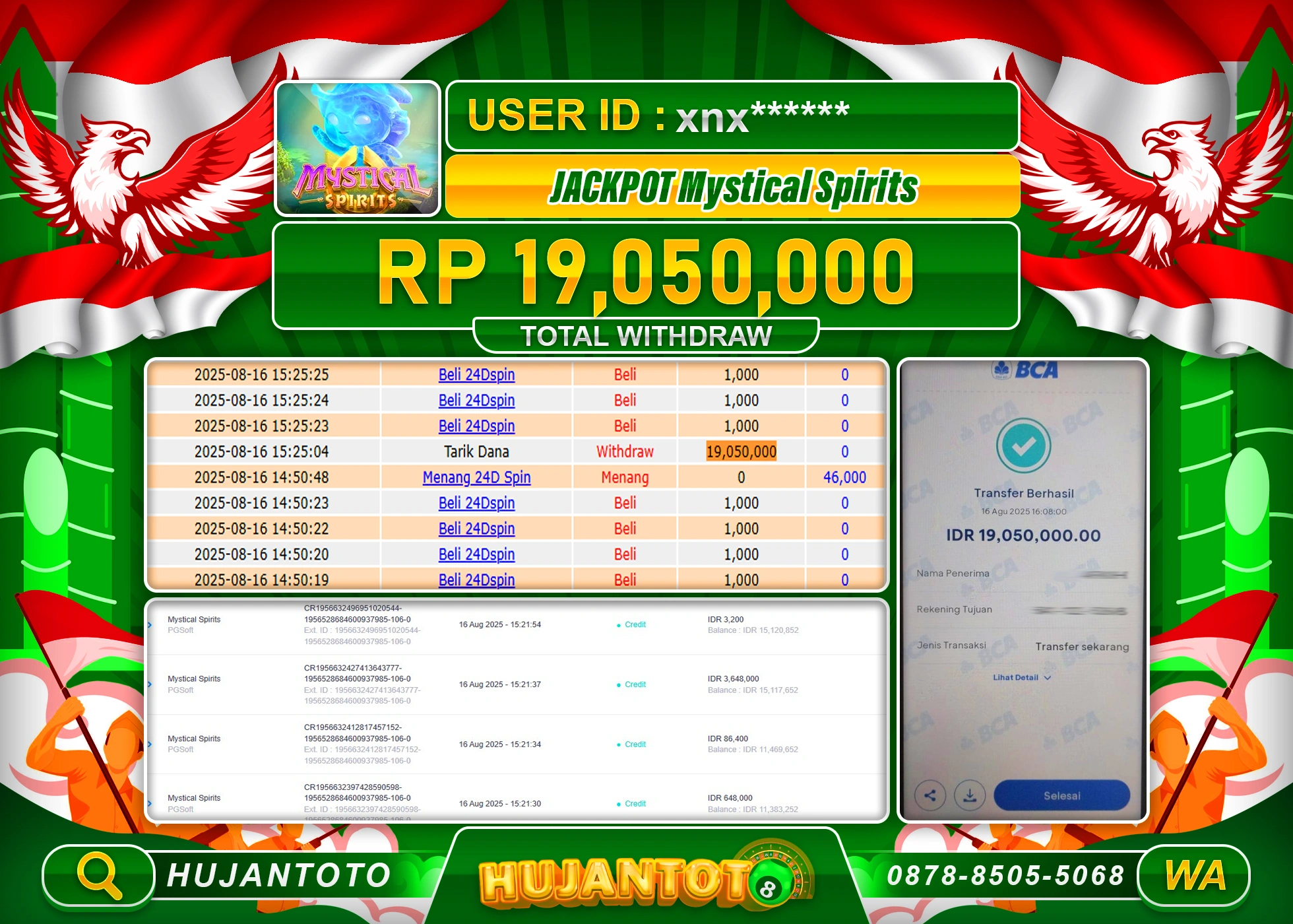 HUJANTOTO - BUKTI JACKPOT MENANG SLOT MYSTICAL SPIRITS Rp.19,050,000 - TERBAYAR LUNAS