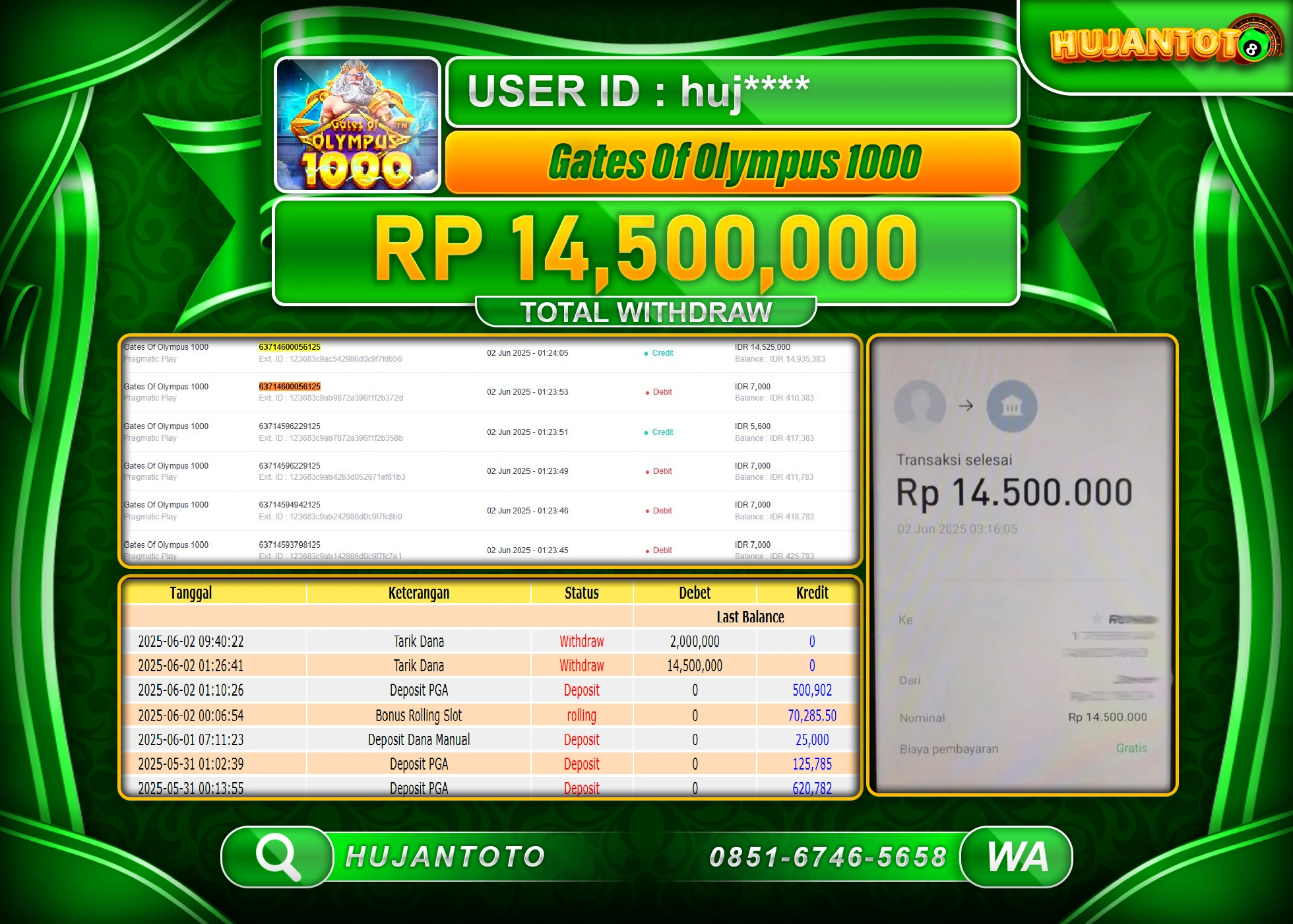 HUJANTOTO - BUKTI JACKPOT MENANG SLOT GATES OF OLYMPUS 1000 Rp.14,500,000 - TERBAYAR LUNAS