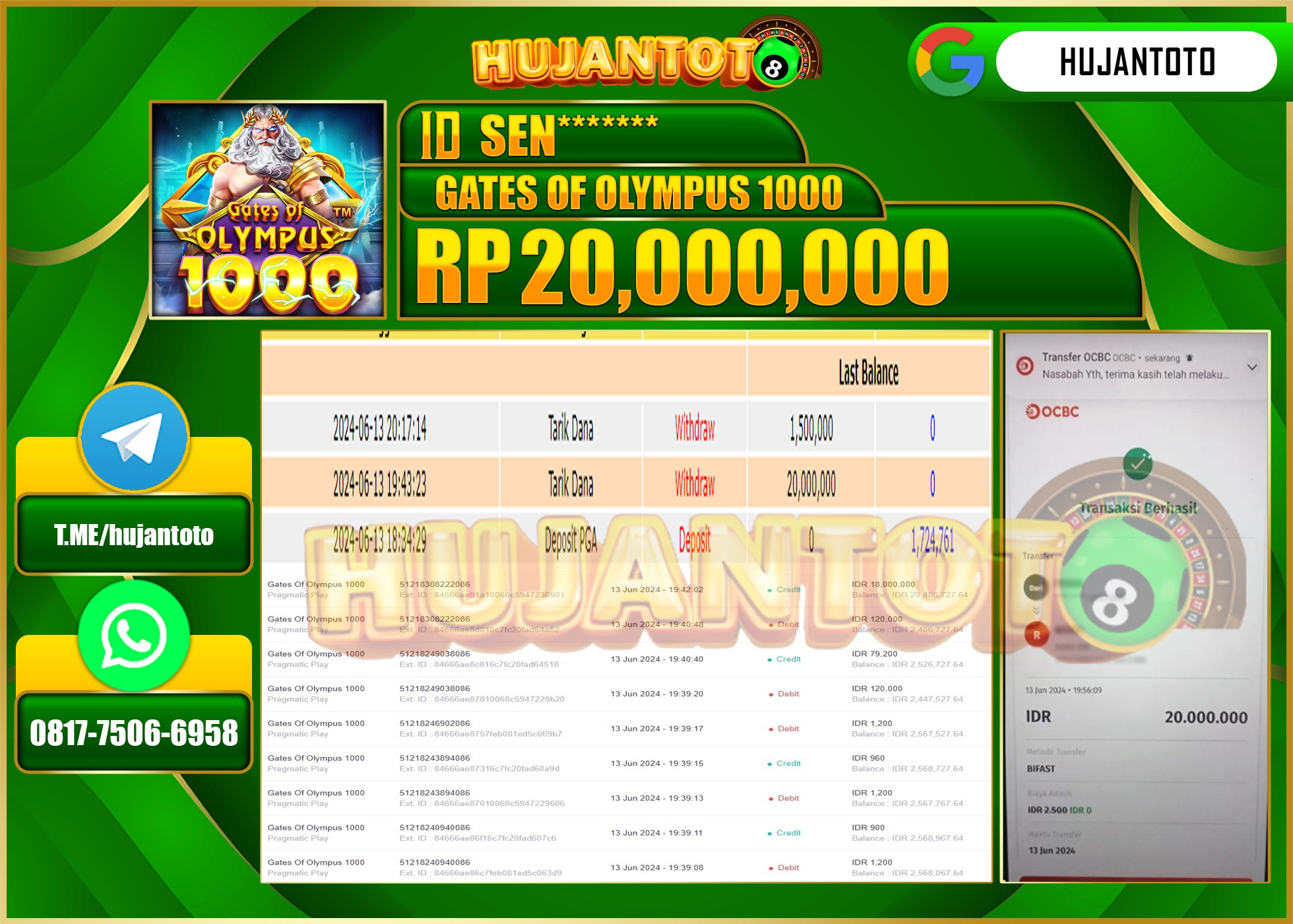 HUJANTOTO MENANG DI GATES OF OLYMPUS 1000 20.000.000 - LUNAS 