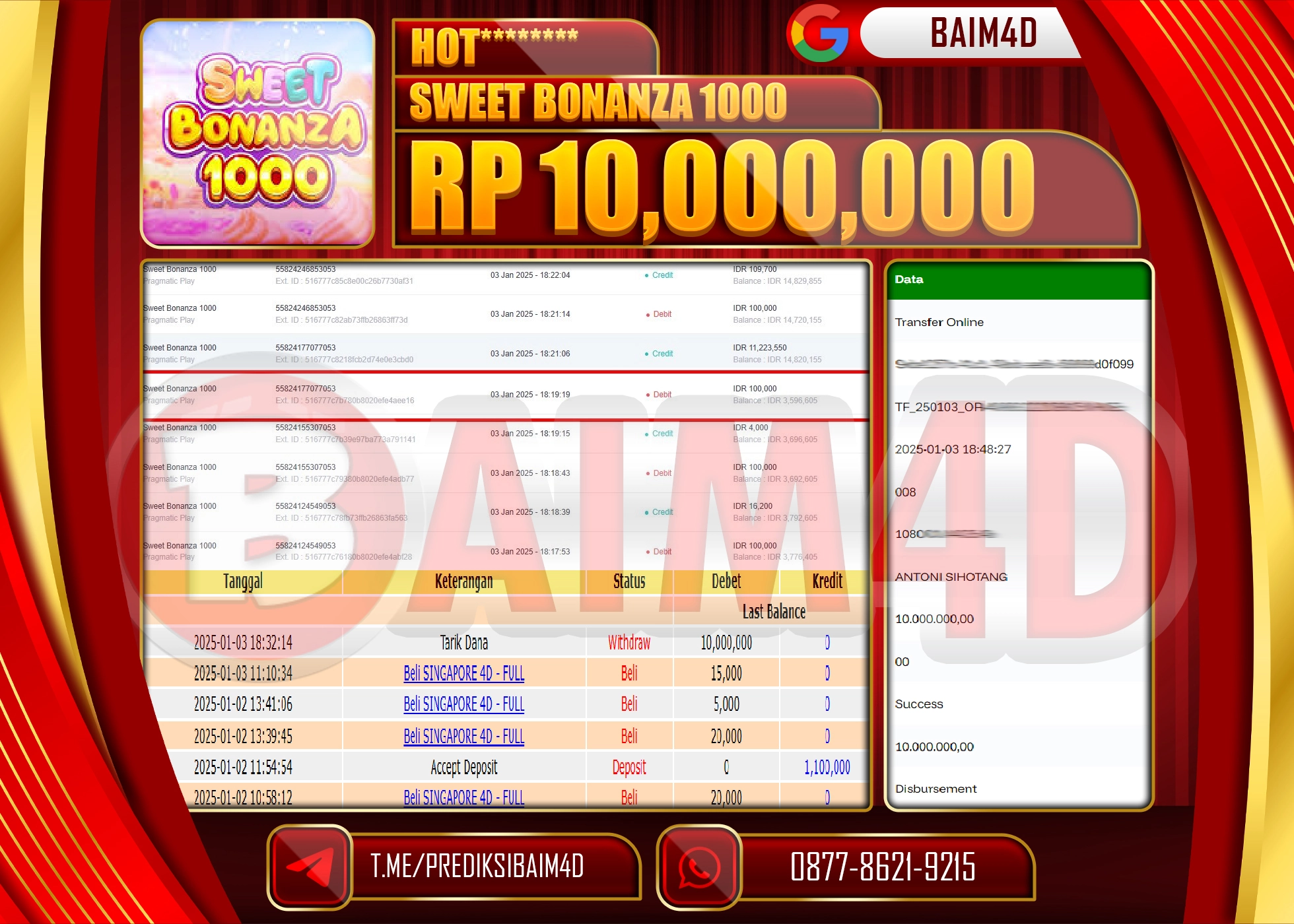 BAIM4D JACKPOT SWEET BONANZA 1000 Pragmatic Play Rp.10.000,000.- LUNAS
