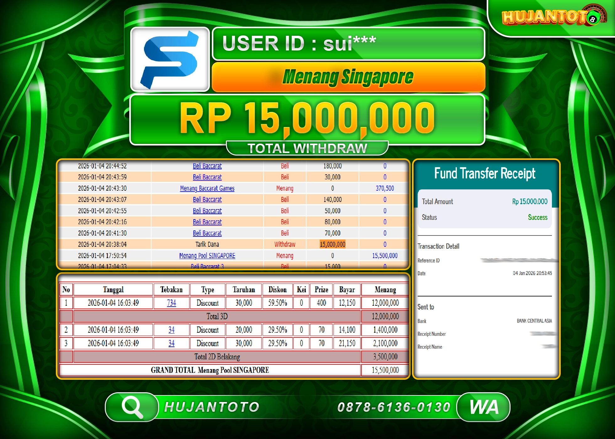HUJANTOTO - BUKTI JACKPOT MENANG TOGEL  SINGAPORE POOLS Rp.15,000,000 - TERBAYAR LUNAS