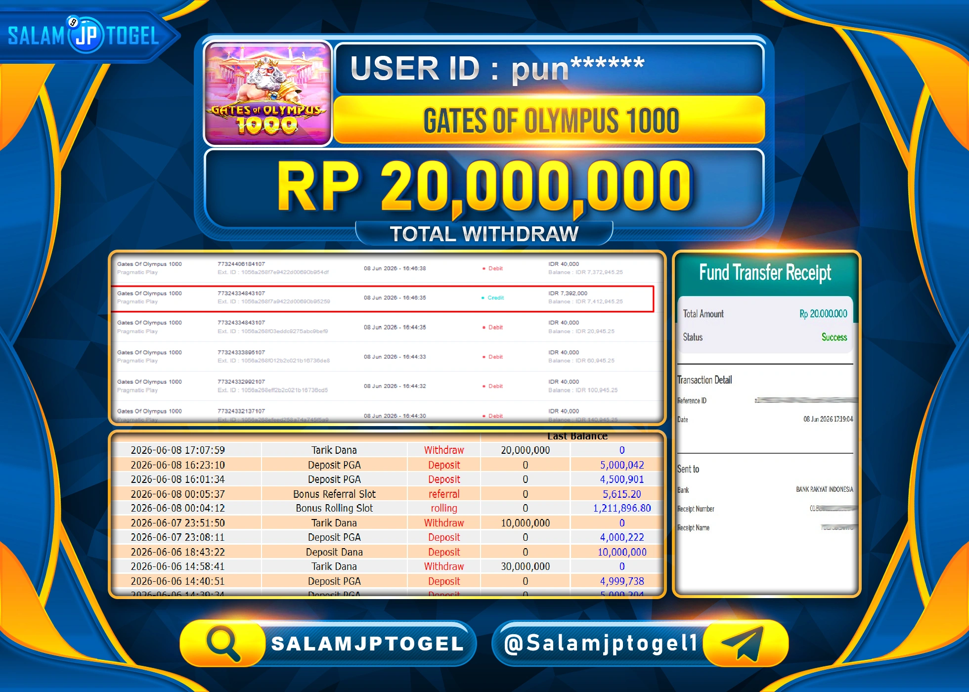 SALAMJPTOGEL JACKPOT MENANG SLOT GATES OF OLYMPUS 1000 Rp.20,000,000 - LUNAS