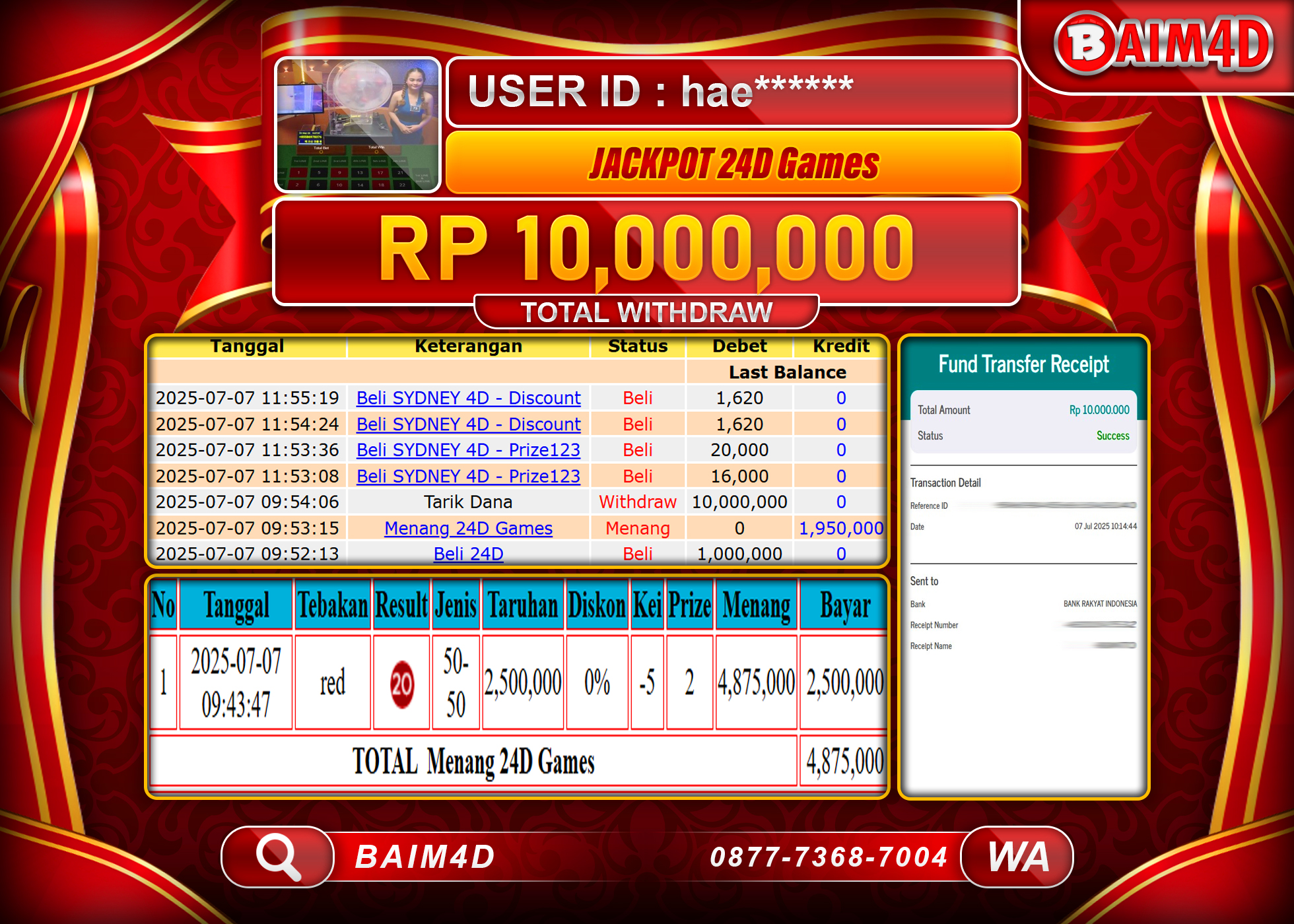 BAIM4D JACKPOT LIVE CASINO 24D GAMES  Rp.10,000,000.- LUNAS