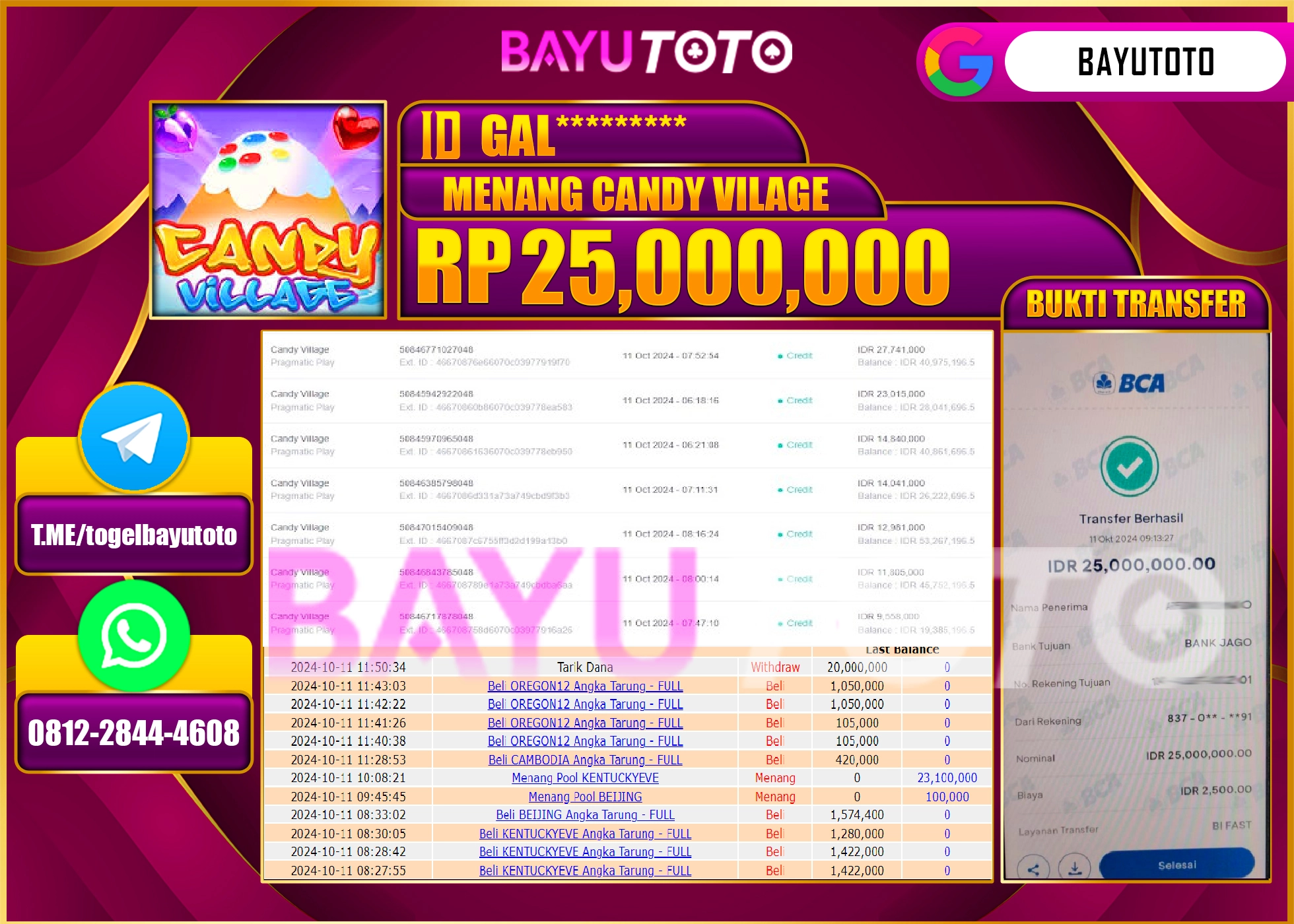 BAYUTOTO JACKPOT  DI GAME SLOT CANDY  VILAGE  Rp.25.000.000 LUNAS
