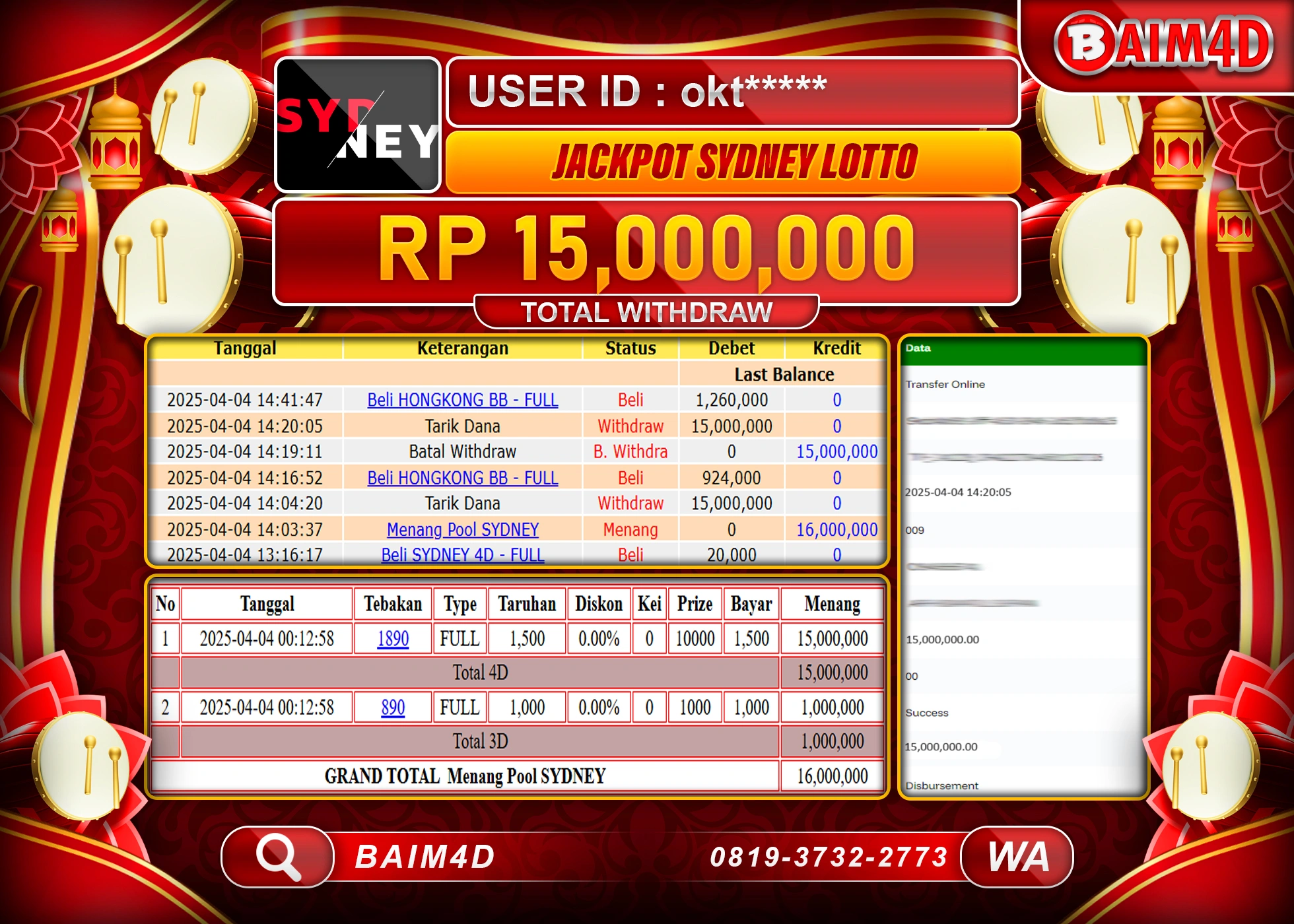 BAIM4D  MENANG TOGEL SYDNEY LOTTO  Rp.15.000,000.- LUNAS