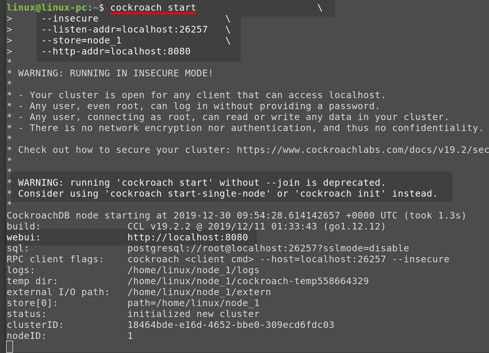 Screenshot of Cockroach start local cluster in terminal
