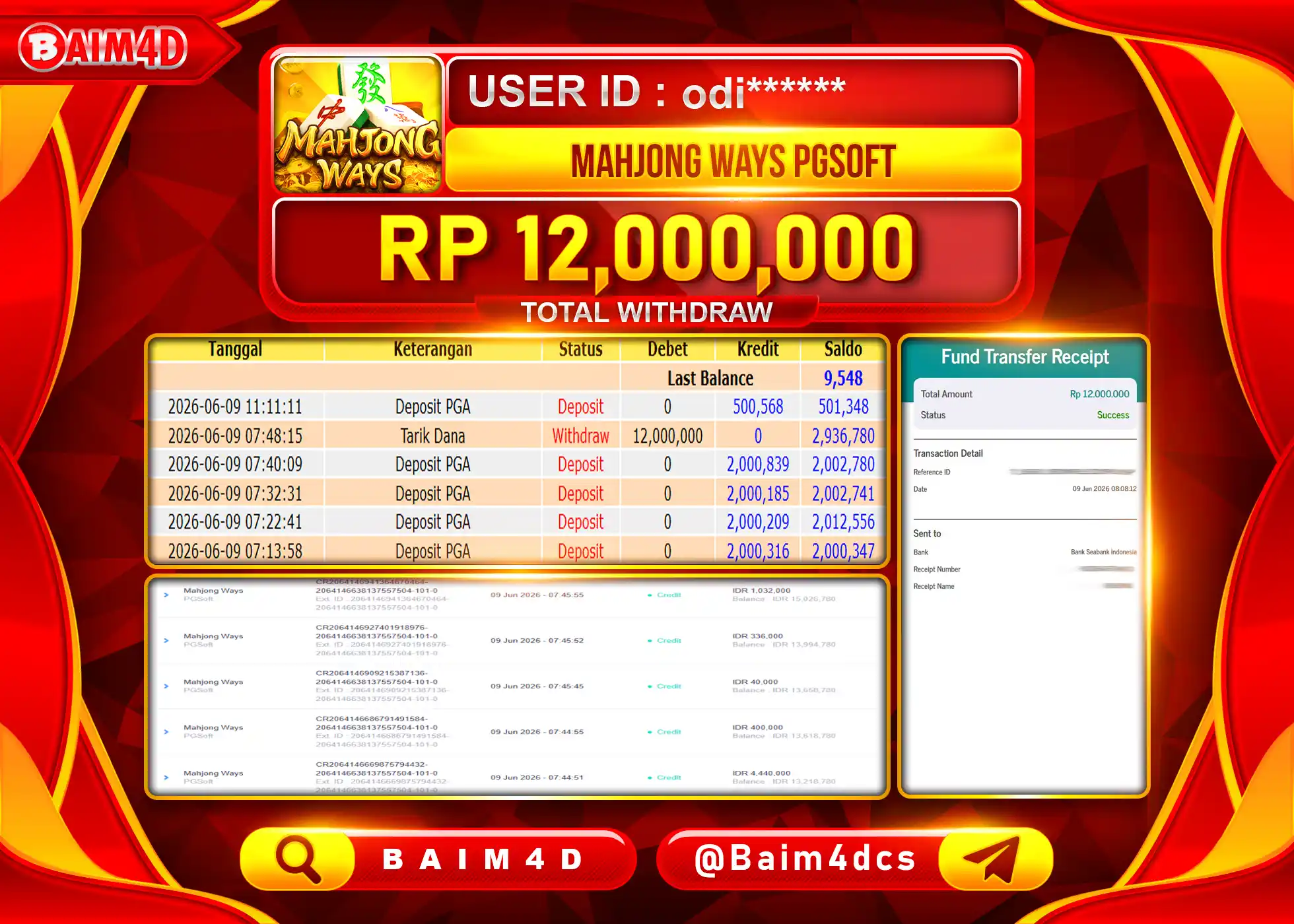 BAIM4D JACKPOT SLOT MAHJONG WAYS PGSOFT Rp.12,000,000 - LUNAS
