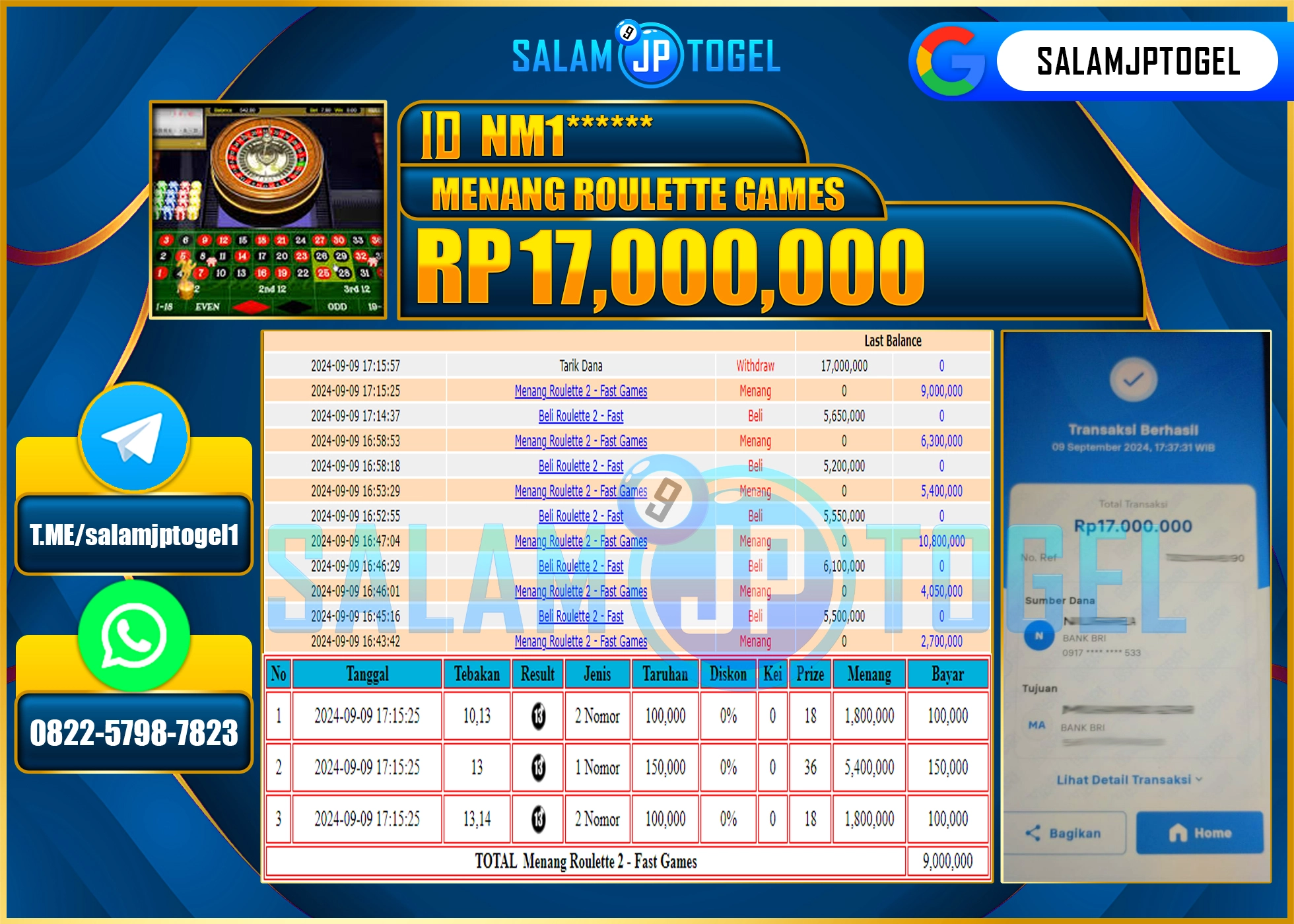 SALAMJPTOGEL MENANG ROULLETE GAMES RP. 17,000,000 LUNAS