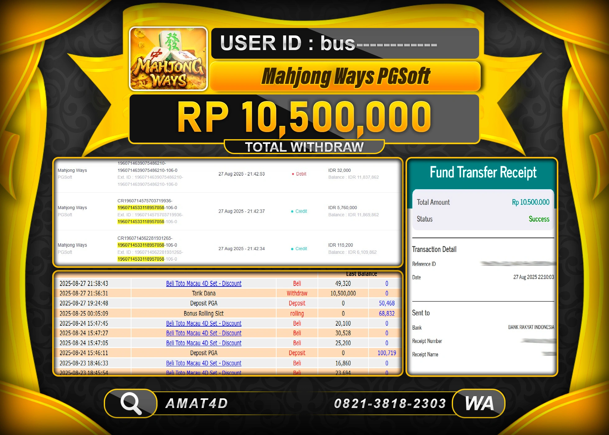 AMAT4D MENANG DI MAHJONG WAYS PG SOFT   Rp.10.500.000 BERHASIL TERBAYAR LUNAS