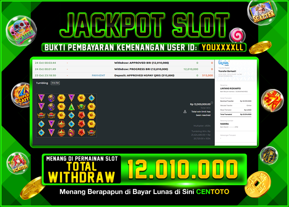 BUKTI JACKPOT SLOT CENTOTO RP.12.010.000,-LUNAS
