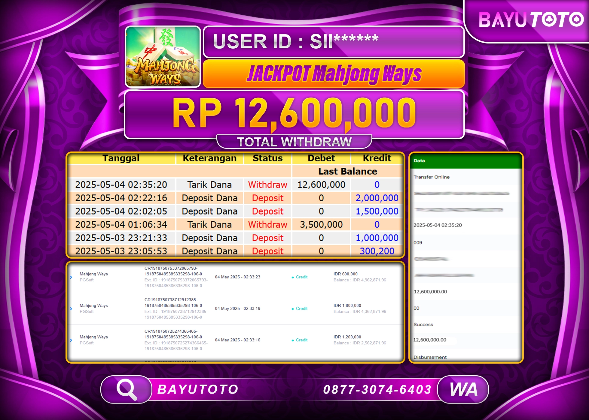 BAYUTOTO JACKPOT  Mahjong ways  PG Soft  Rp.12,600,000  LUNAS
